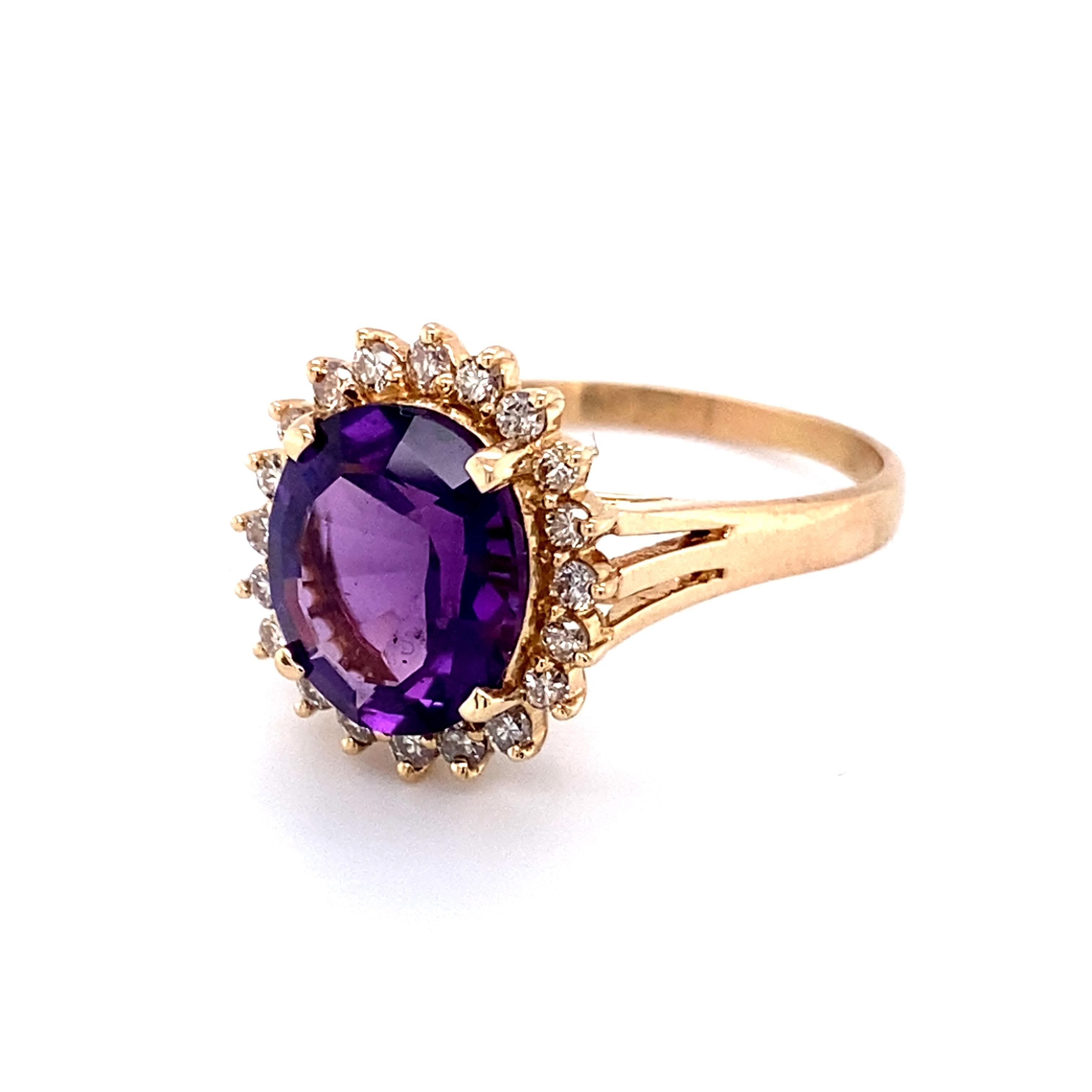 Item Details:
Size: 11, can be resized
Metal: 14 Karat yellow Gold
Weight: 5.4 grams

Amethyst Details:
Cut: Oval
Carat: 4.24 carats 
Color Medium to Deep Purple

Diamond Details:
Cut: Round
Carat: 0.20 carat total weight
Color: I-J
Clarity: