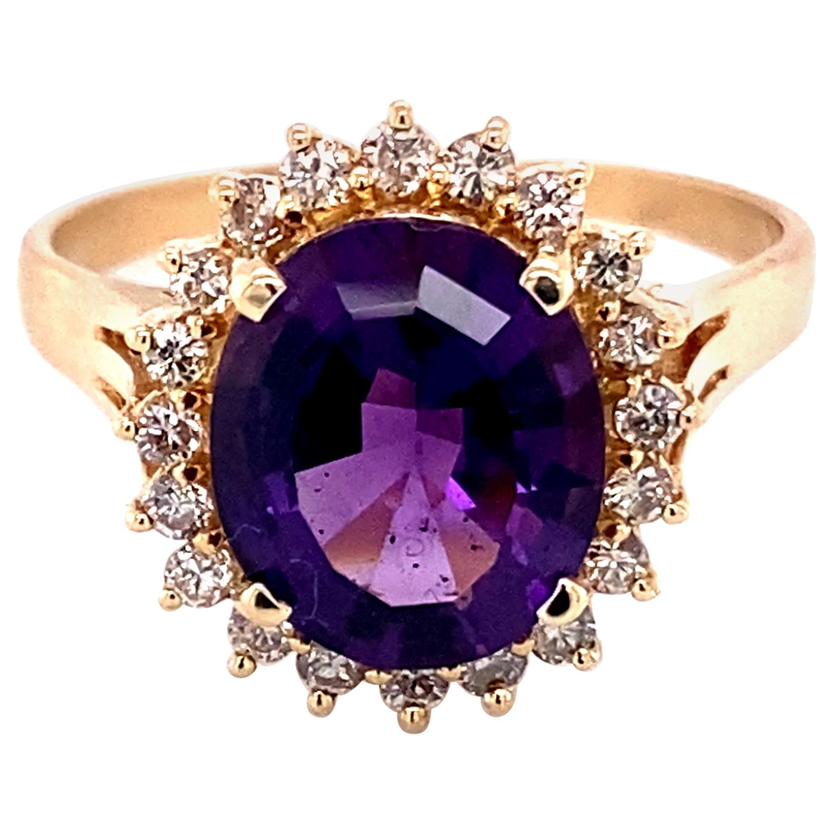 4.24 Carat Oval Amethyst 0.20 Carat Diamond Halo Ring 14 Karat Yellow Gold