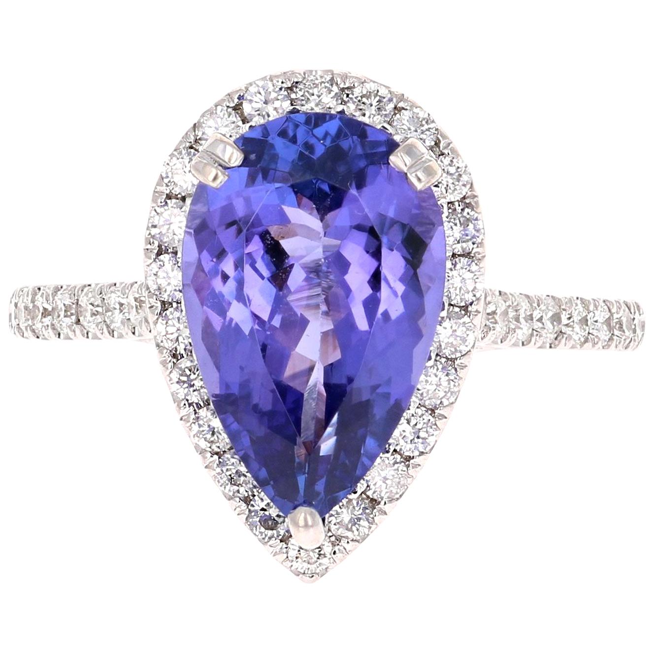 4.24 Carat Pear Cut Tanzanite Diamond 14 Karat White Gold Engagement Ring For Sale