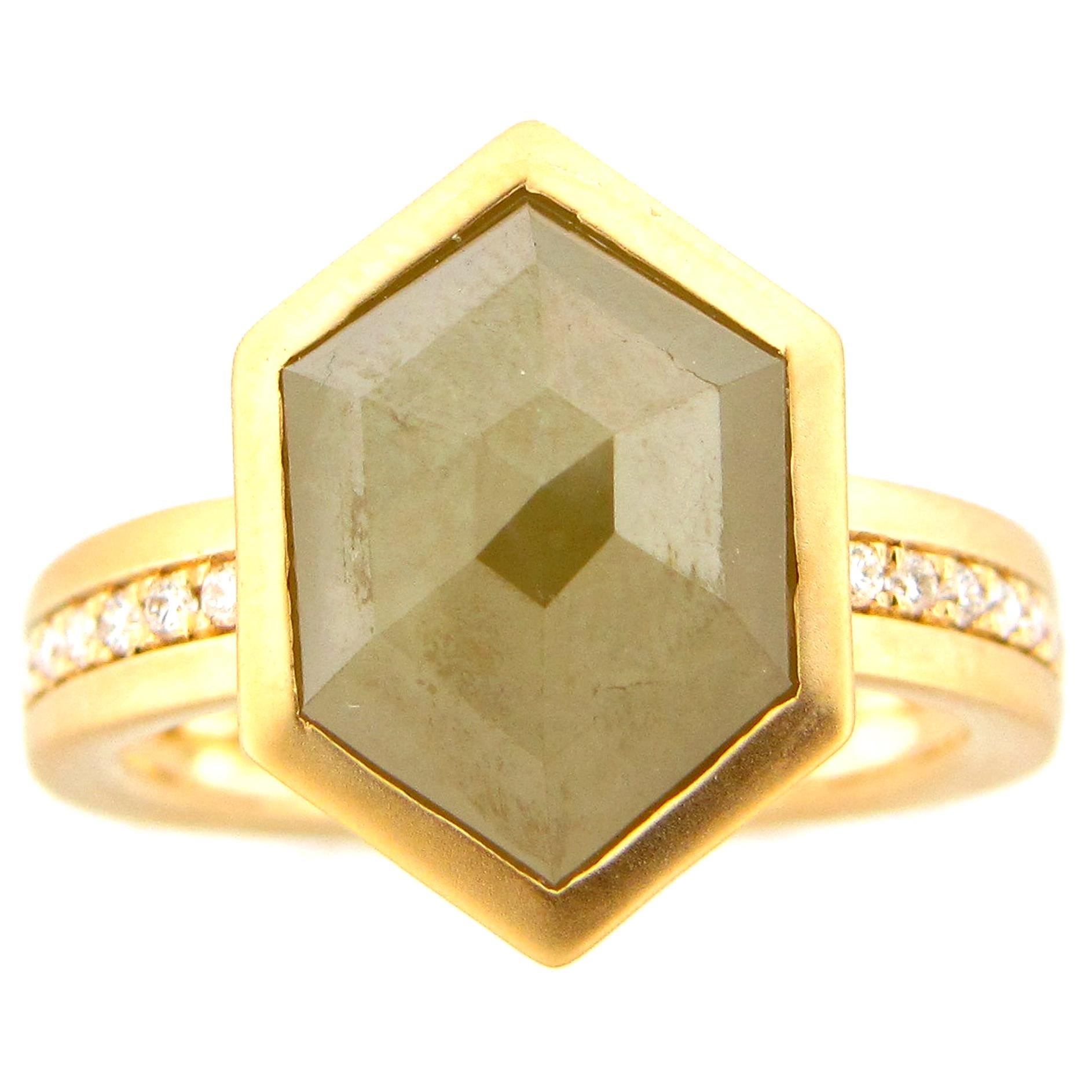 4.24 Carat Rose Cut Hexagon Yellow and White Diamond Cocktail Ring For Sale