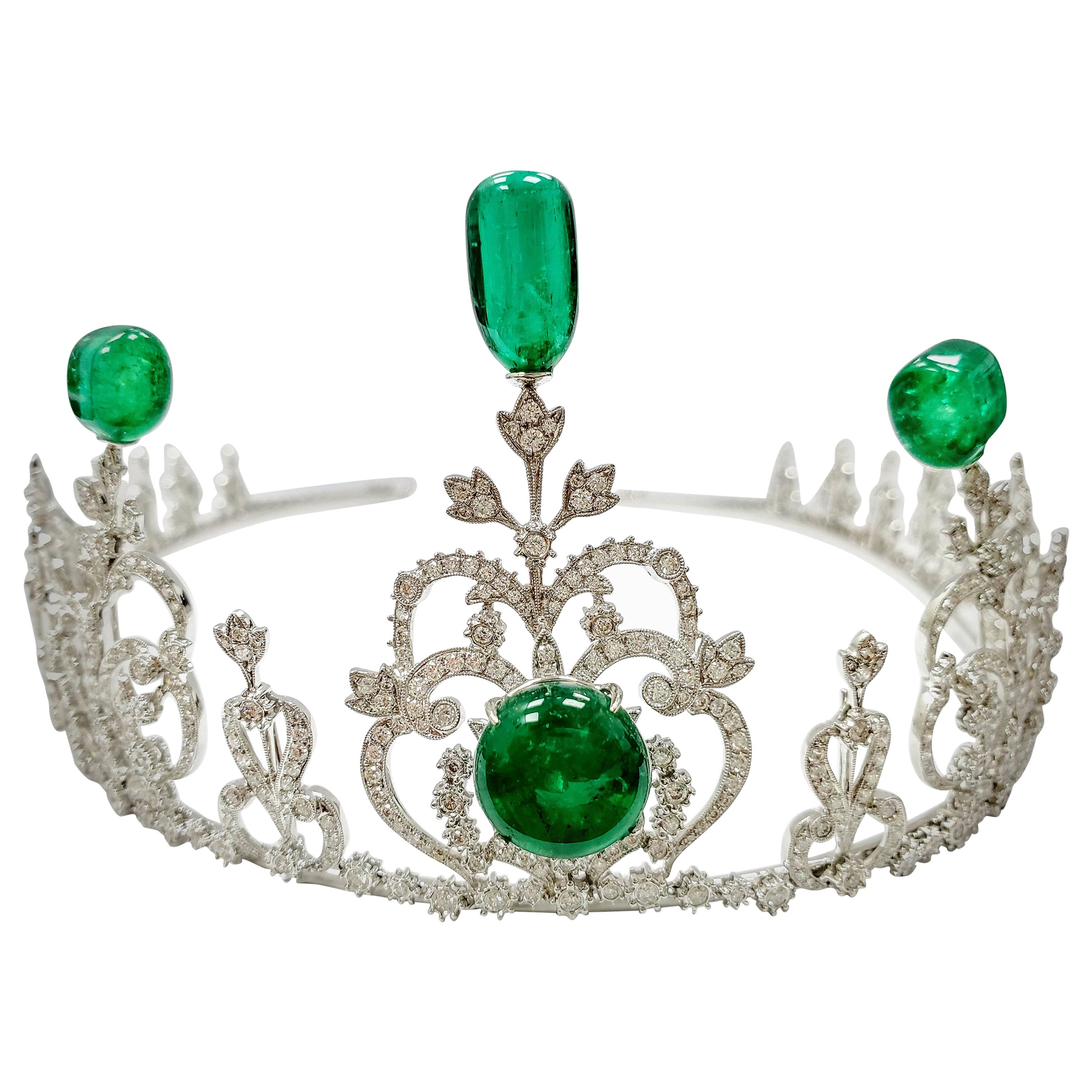 42.42 Carat GRS Certified Emerald Beads and White Diamond Gold Tiara/Necklace