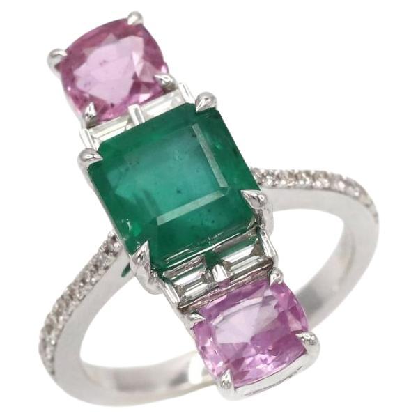 4,43 Karat Smaragd Rosa Saphir Runder Diamant 18 K Weißgold Ring im Angebot