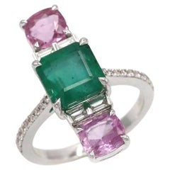 4.243 Ct Emerald Pink Sapphire Round Diamond 18 K White Gold Ring