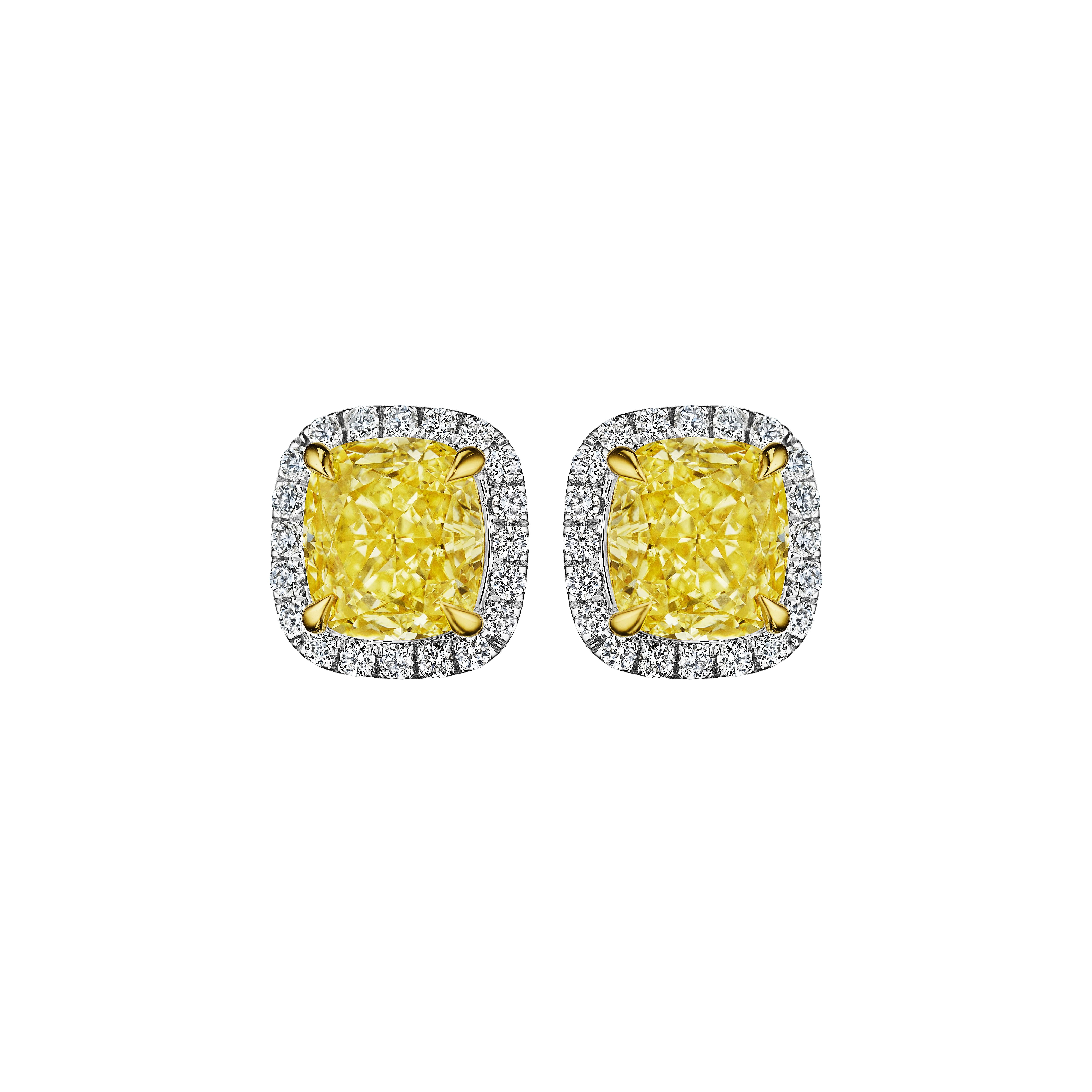 Cushion Cut 4.24ct GIA Certified Fancy Yellow Cushion & Round Diamond Earrings in 18KT Gold For Sale