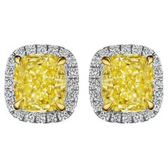 4.24ct GIA Certified Fancy Yellow Cushion & Round Diamond Earrings in 18KT Gold