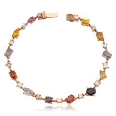 Multicolor Tennis Bracelet, Sapphires, Diamonds, 14 Karat Yellow Gold