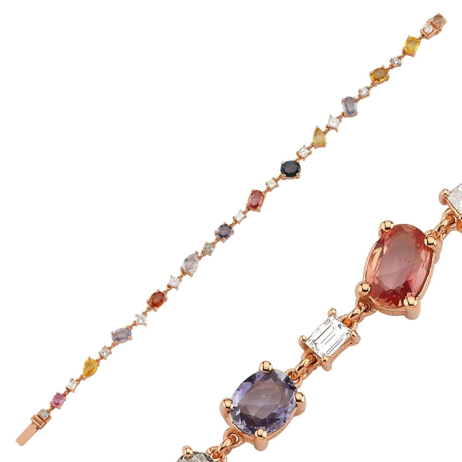 Contemporary Multicolor Tennis Bracelet, Sapphires, Diamonds, 14 Karat Yellow Gold For Sale