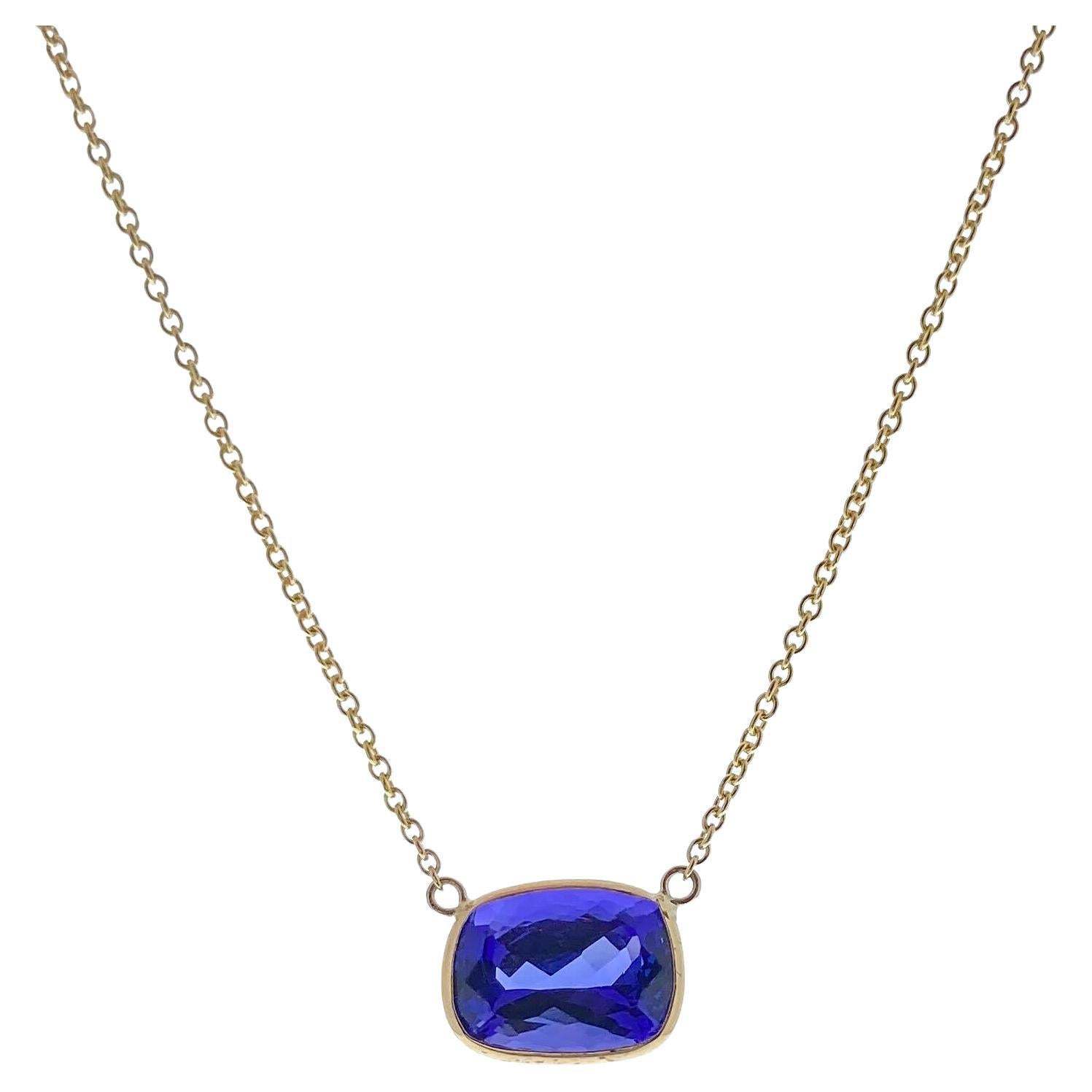 4.25 Carat Cushion Blue Tanzanite Fashion Necklaces In 14k Yellow Gold  For Sale
