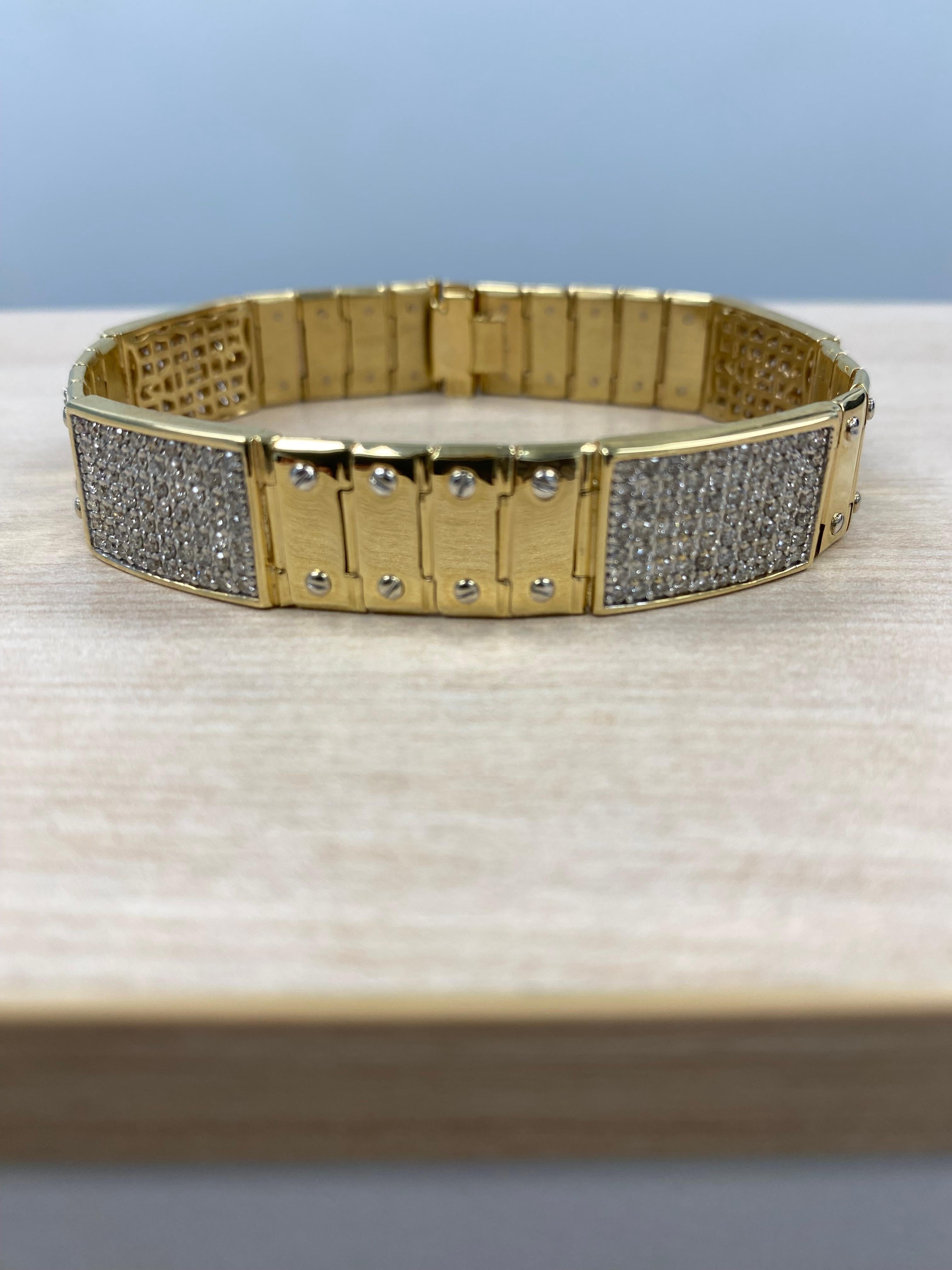 Round Cut 4.25 Carat Diamond ID Men's Bracelet Screw Link 14K Solid Yellow Gold 51.2 g For Sale