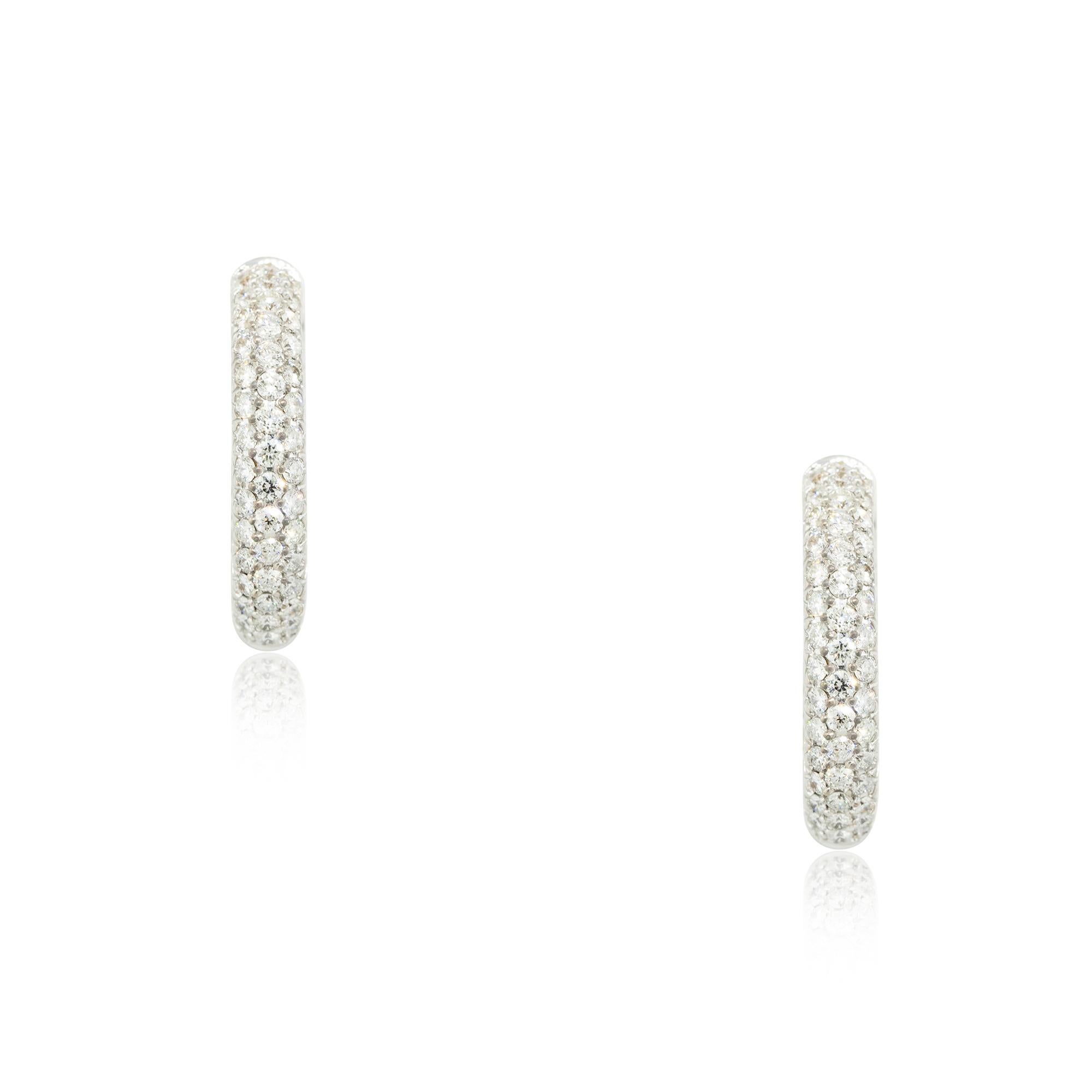 Material: 18k White Gold
Diamond Details: Approx. 4.25ctw of round cut Pave set Diamonds. Diamonds are set inside-out. Diamonds are H/I in color and SI in clarity
Total Weight: 12.4dwt 
Earring Backs: Latch Backs
Additional Details: This item comes