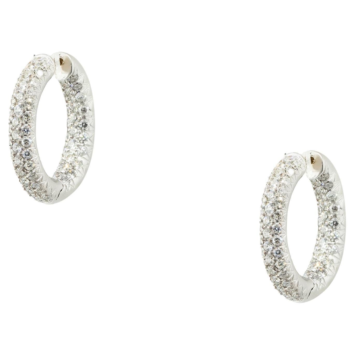 4.25 Carat Diamond Pave Tubular Hoop Earrings 18 Karat in Stock For Sale