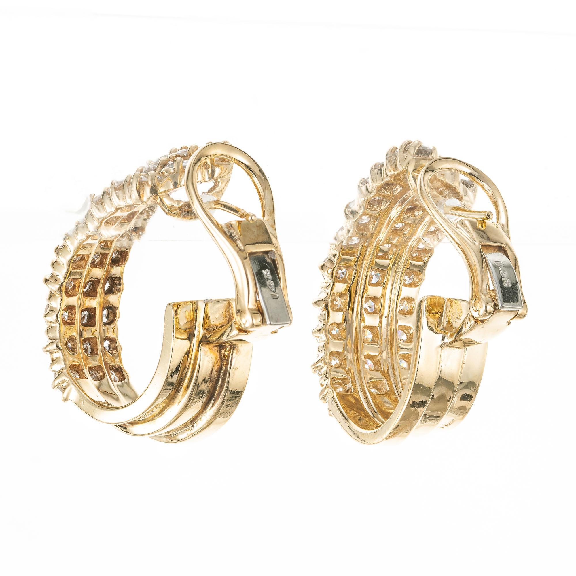 Round Cut 4.25 Carat Diamond Yellow Gold Hoop Earrings For Sale