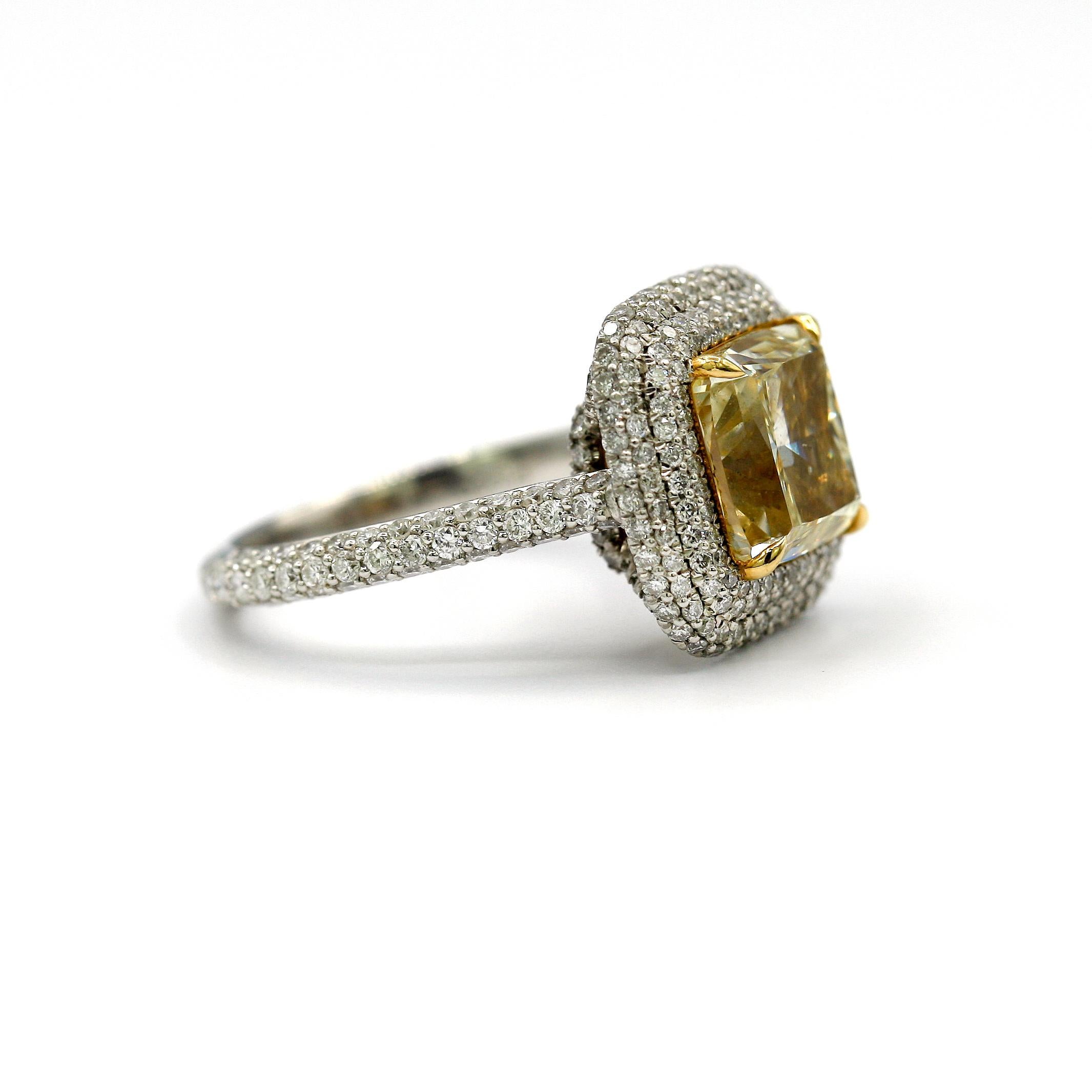 Cushion Cut 4.25 Carat EGL Fancy Light Yellow Cushion SI1 Diamond with Pave Platinum Ring For Sale