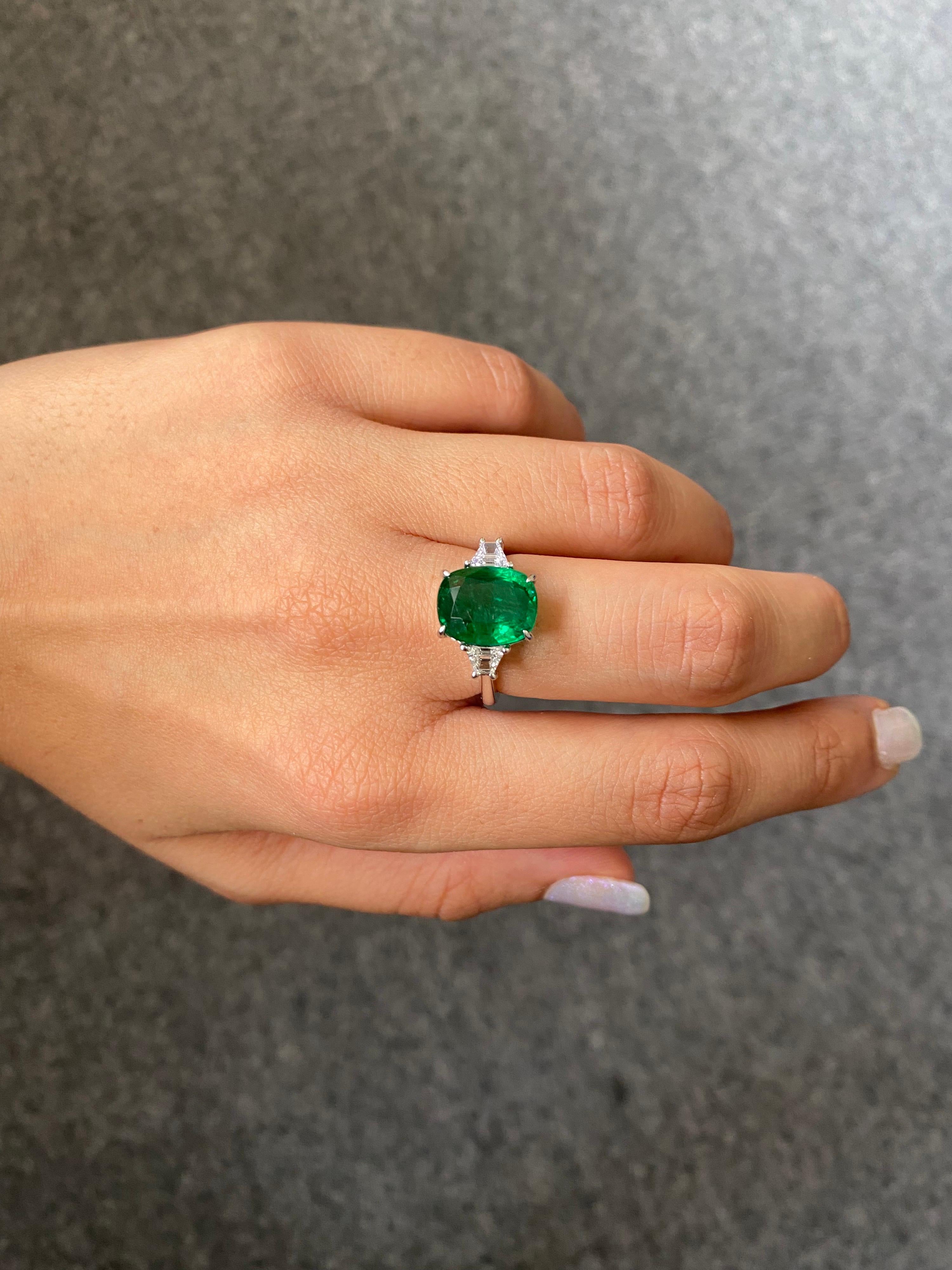 Cushion Cut 4.25 Carat Emerald and Diamond Three-Stone Engagement Ring