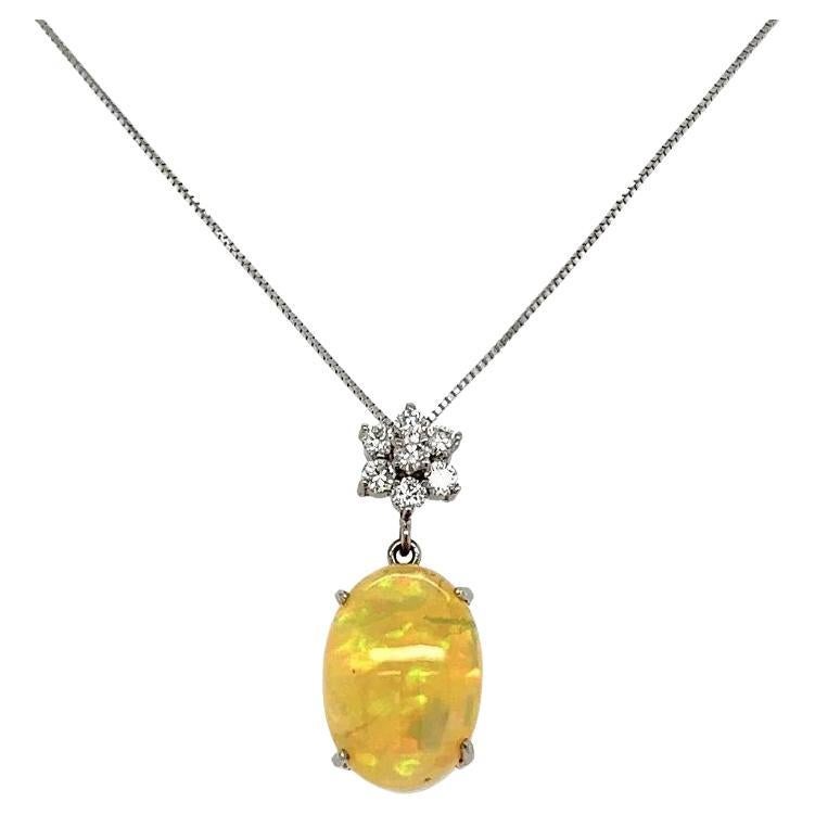 4.25 Carat Fiery Crystal Opal and Diamond Vintage Gold Drop Pendant Necklace For Sale