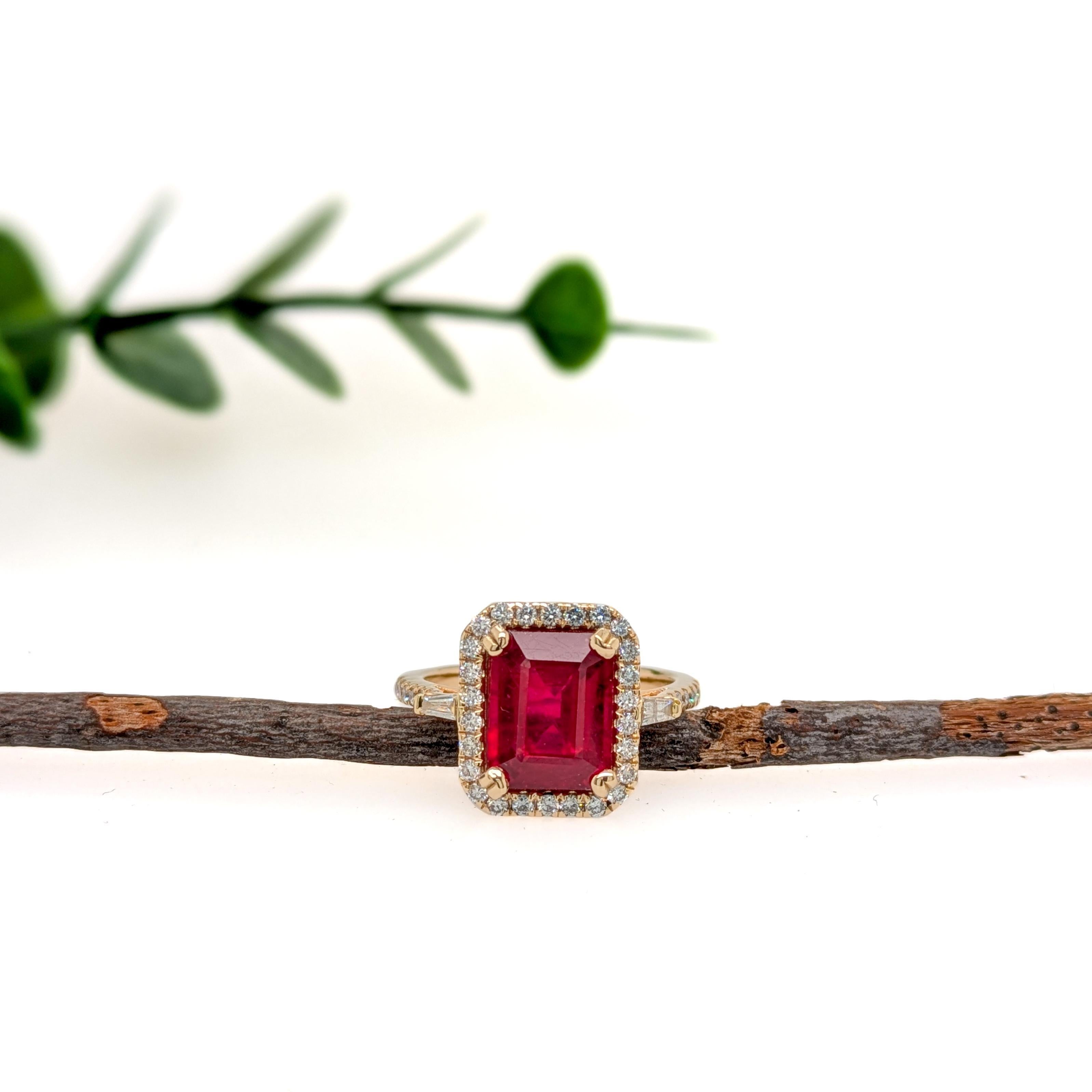 Art Deco 4.25 Carat Madagascar Ruby w Natural Diamond Halo in Solid 14K Gold  EM 10x8mm For Sale