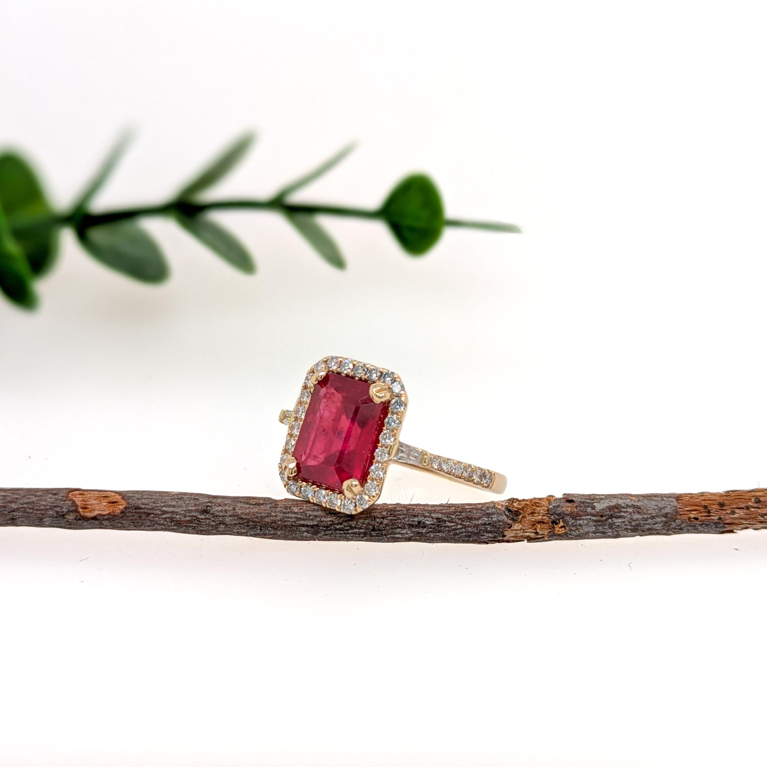 Emerald Cut 4.25 Carat Madagascar Ruby w Natural Diamond Halo in Solid 14K Gold  EM 10x8mm For Sale