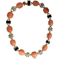4.25 Carat Natural Diamonds Pink Coral and Black Onyx Link Necklace 18 Karat