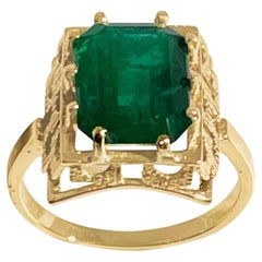 4.25 Carat Natural Emerald Cut Emerald Ring 14 Karat Yellow Gold