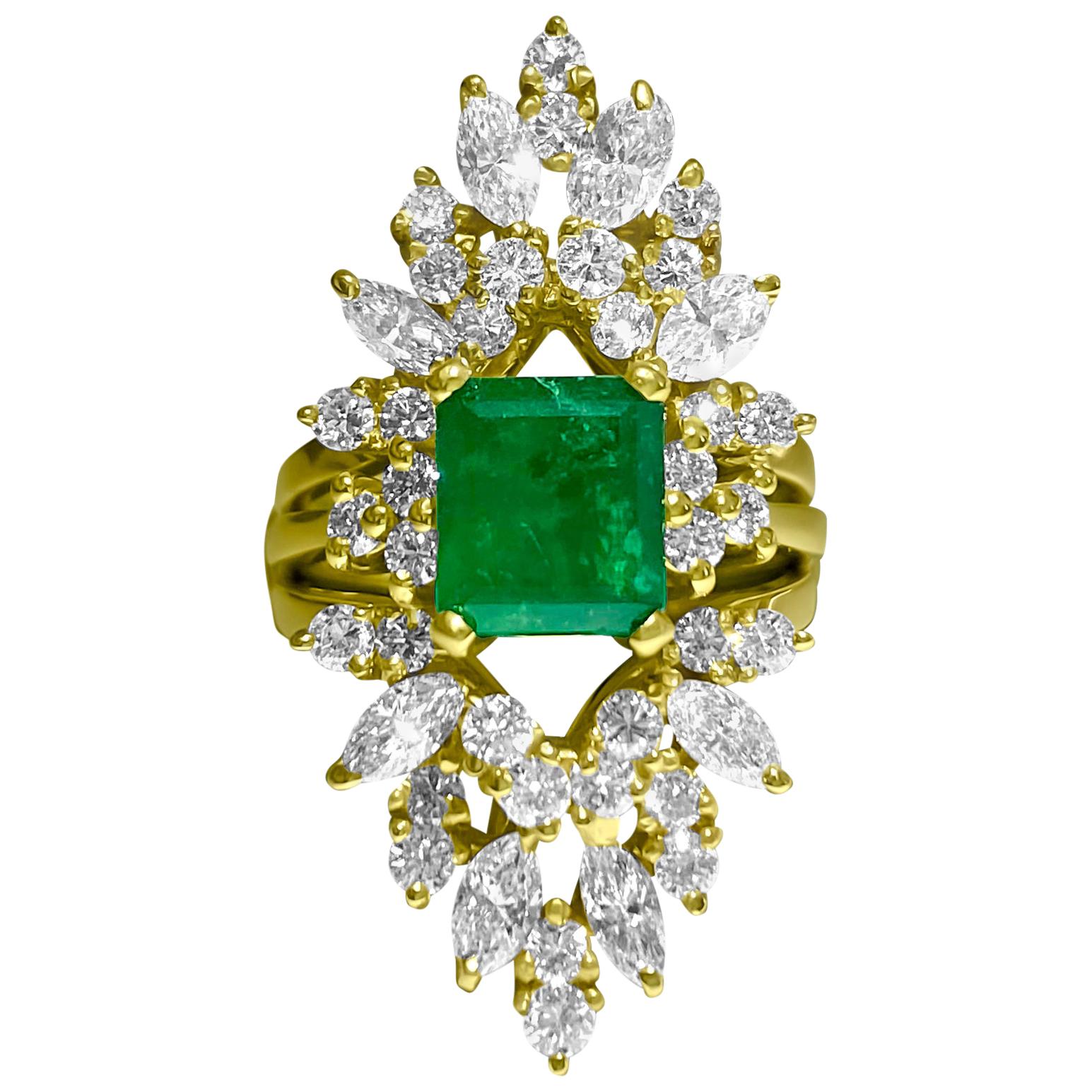 4.25 Carat Natural Emerald Diamond Cocktail Insert Ring 14 Karat Yellow Gold For Sale