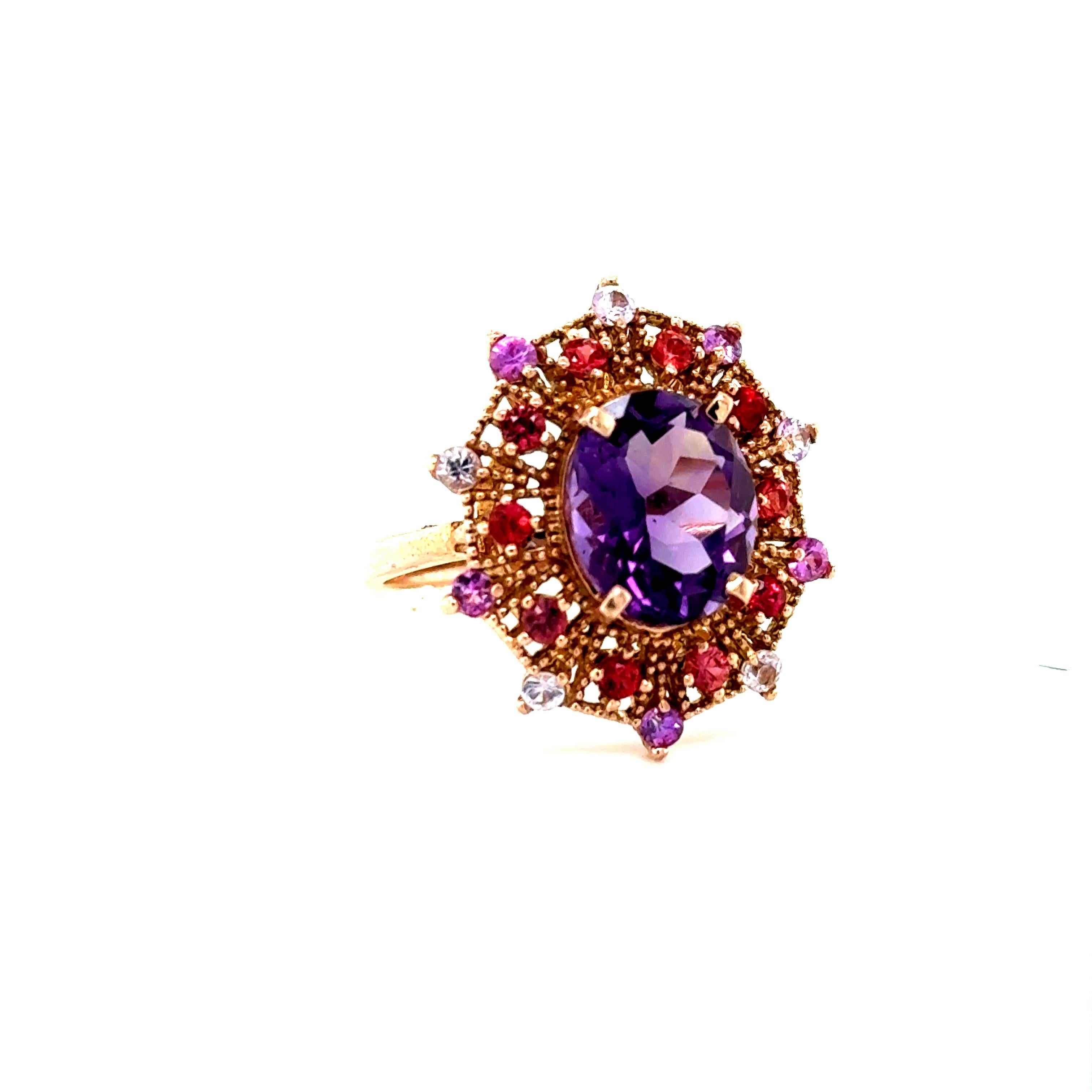 4.25 Carat Oval Cut Amethyst Sapphire Rose Gold Cocktail Ring

This beautiful vintage inspired setting with a modern colorful theme has an Oval Cut Amethyst weighing 3.33 carats and is surrounded by 20 Round Cut Multi-Colored Sapphires that weigh