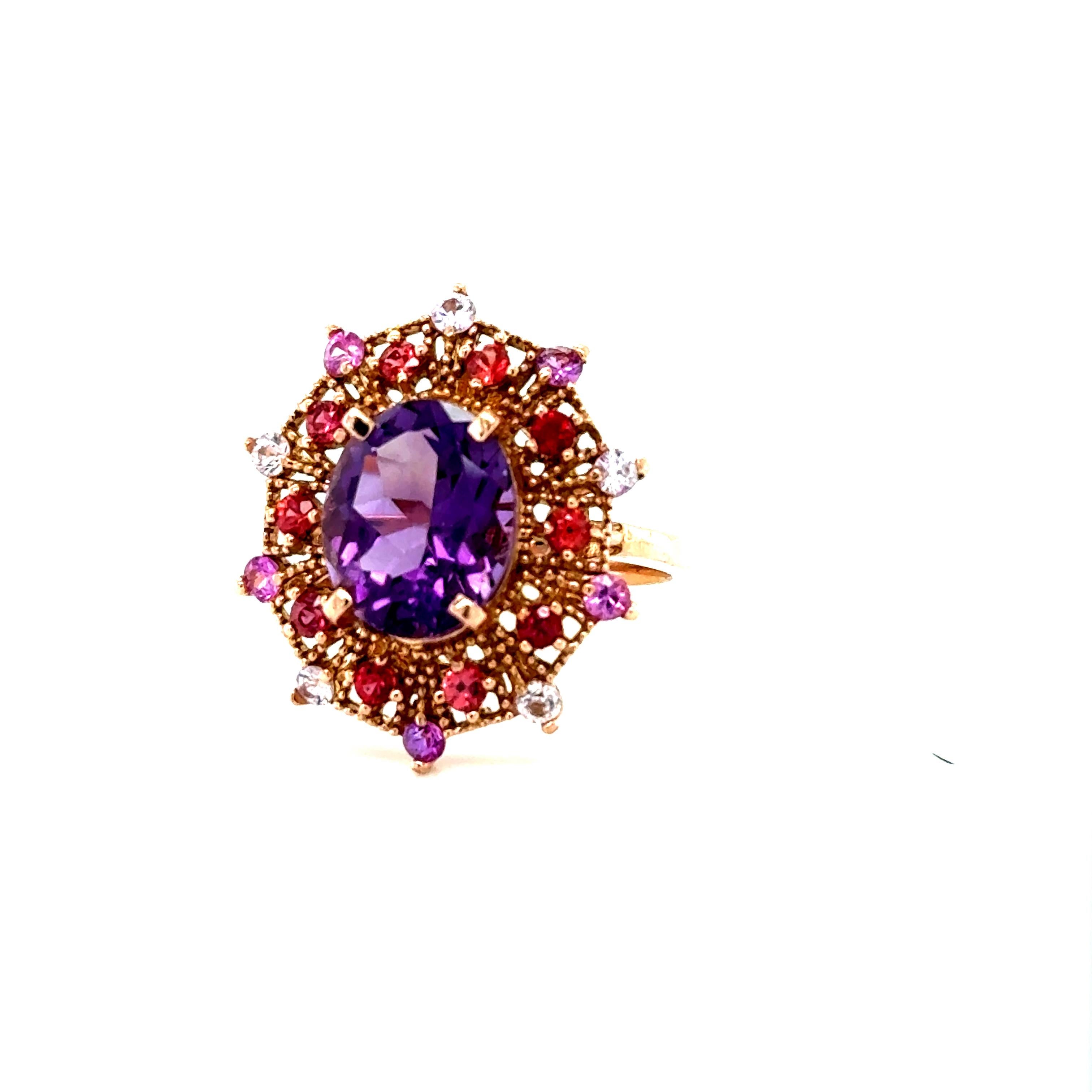 Contemporary 4.25 Carat Oval Cut Amethyst Sapphire Rose Gold Cocktail Ring For Sale