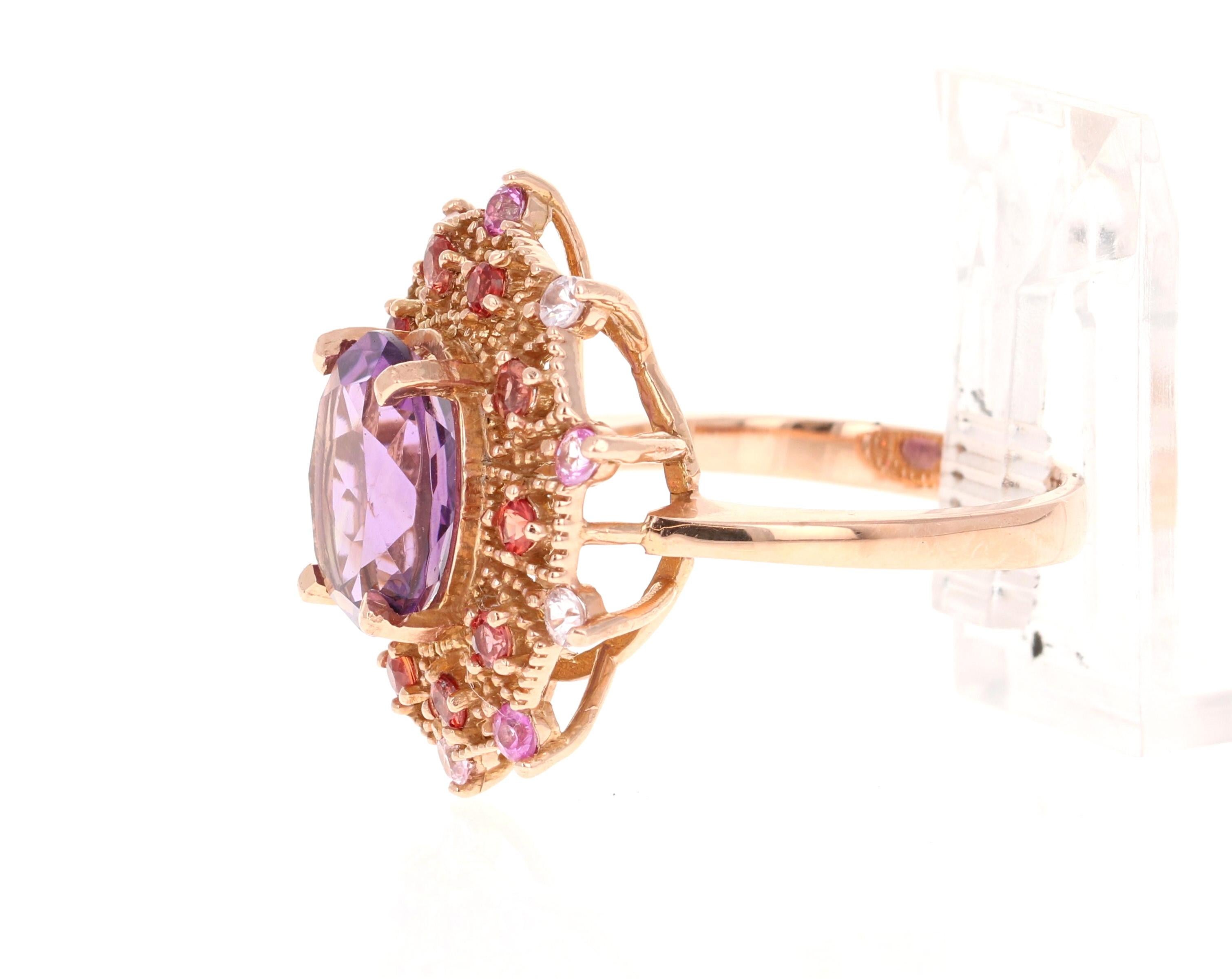 Contemporary 4.25 Carat Oval Cut Amethyst Sapphire Rose Gold Cocktail Ring For Sale
