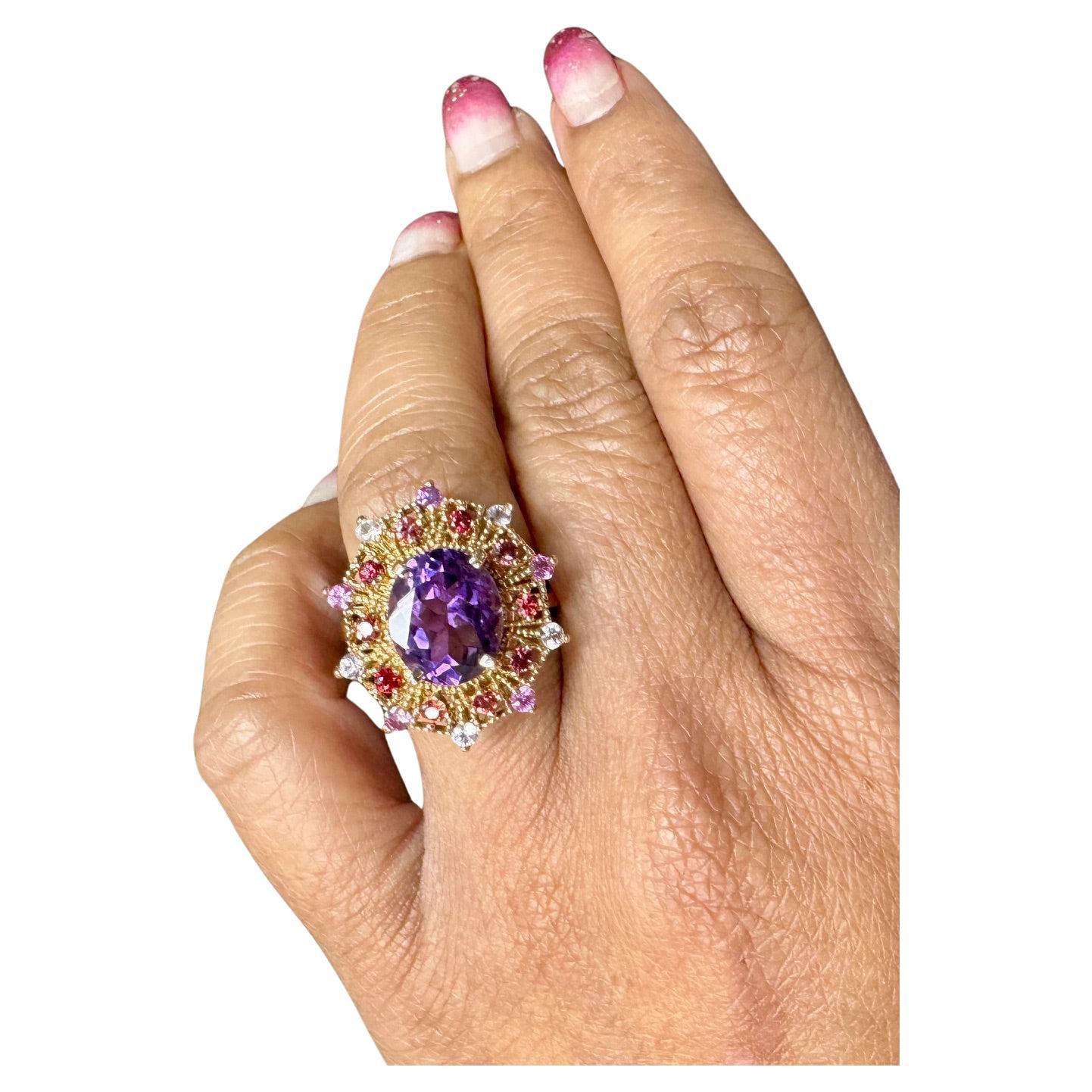 Women's 4.25 Carat Oval Cut Amethyst Sapphire Rose Gold Cocktail Ring For Sale