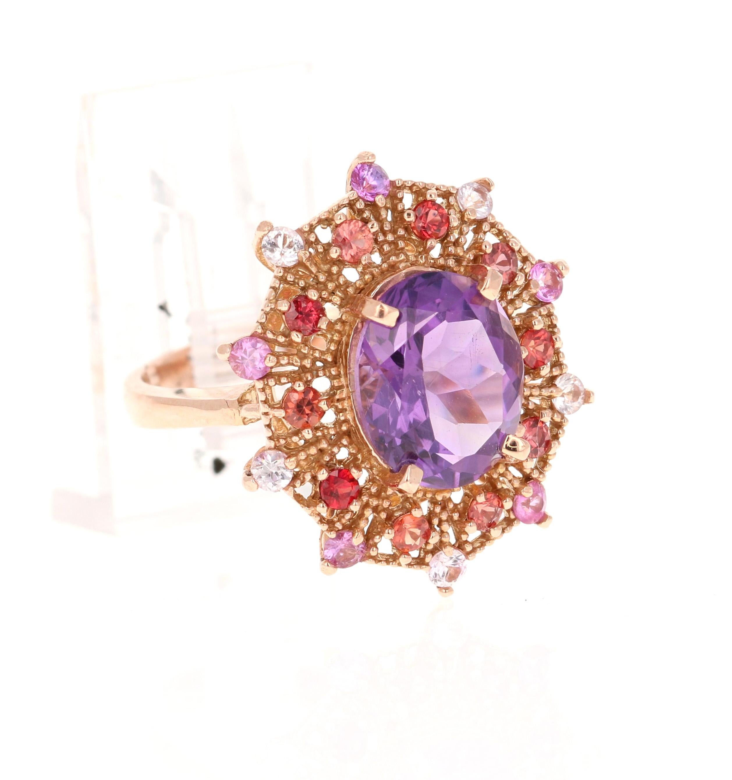 4.25 Carat Oval Cut Amethyst Sapphire Rose Gold Cocktail Ring In New Condition For Sale In Los Angeles, CA