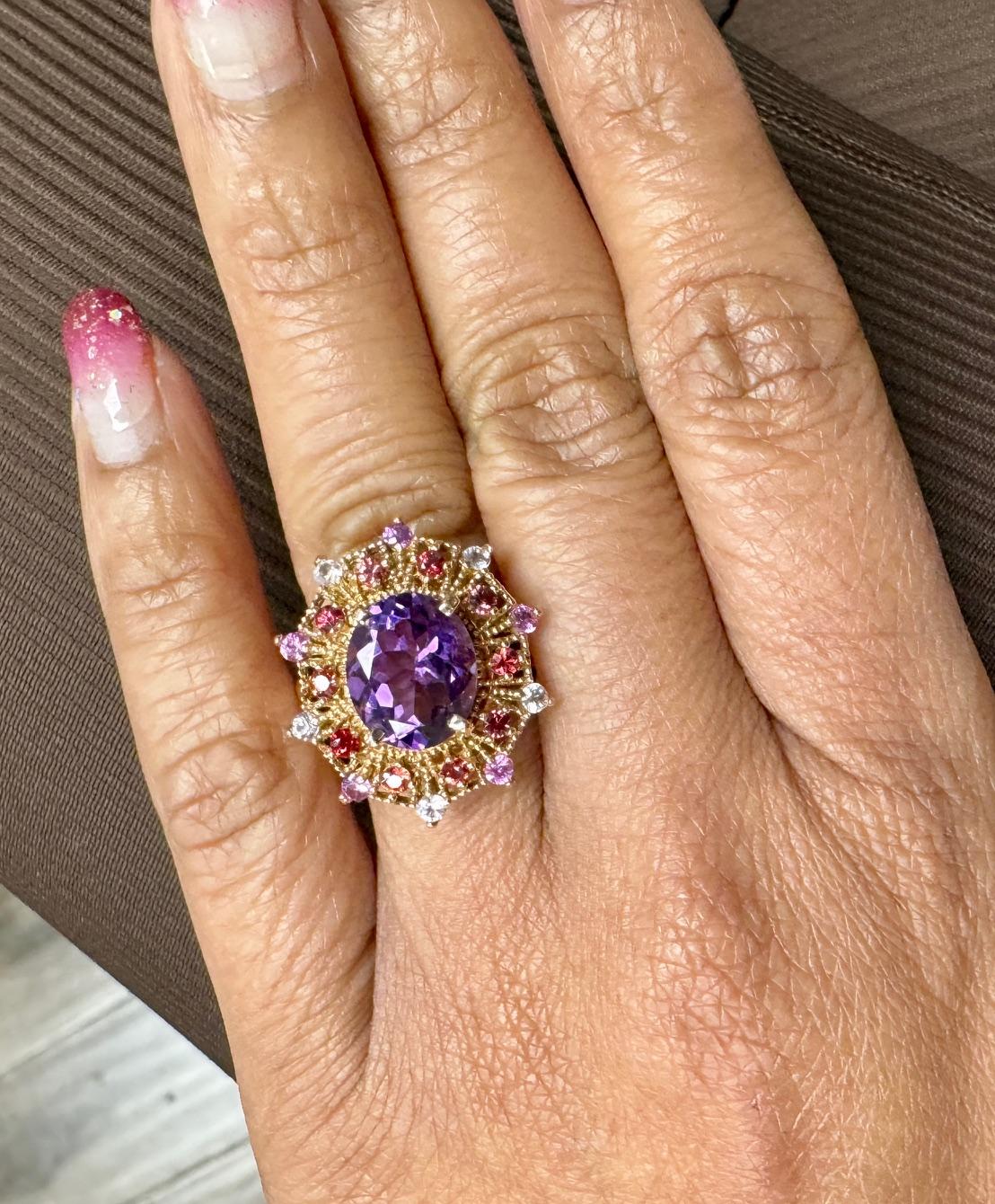 4.25 Carat Oval Cut Amethyst Sapphire Rose Gold Cocktail Ring For Sale 1