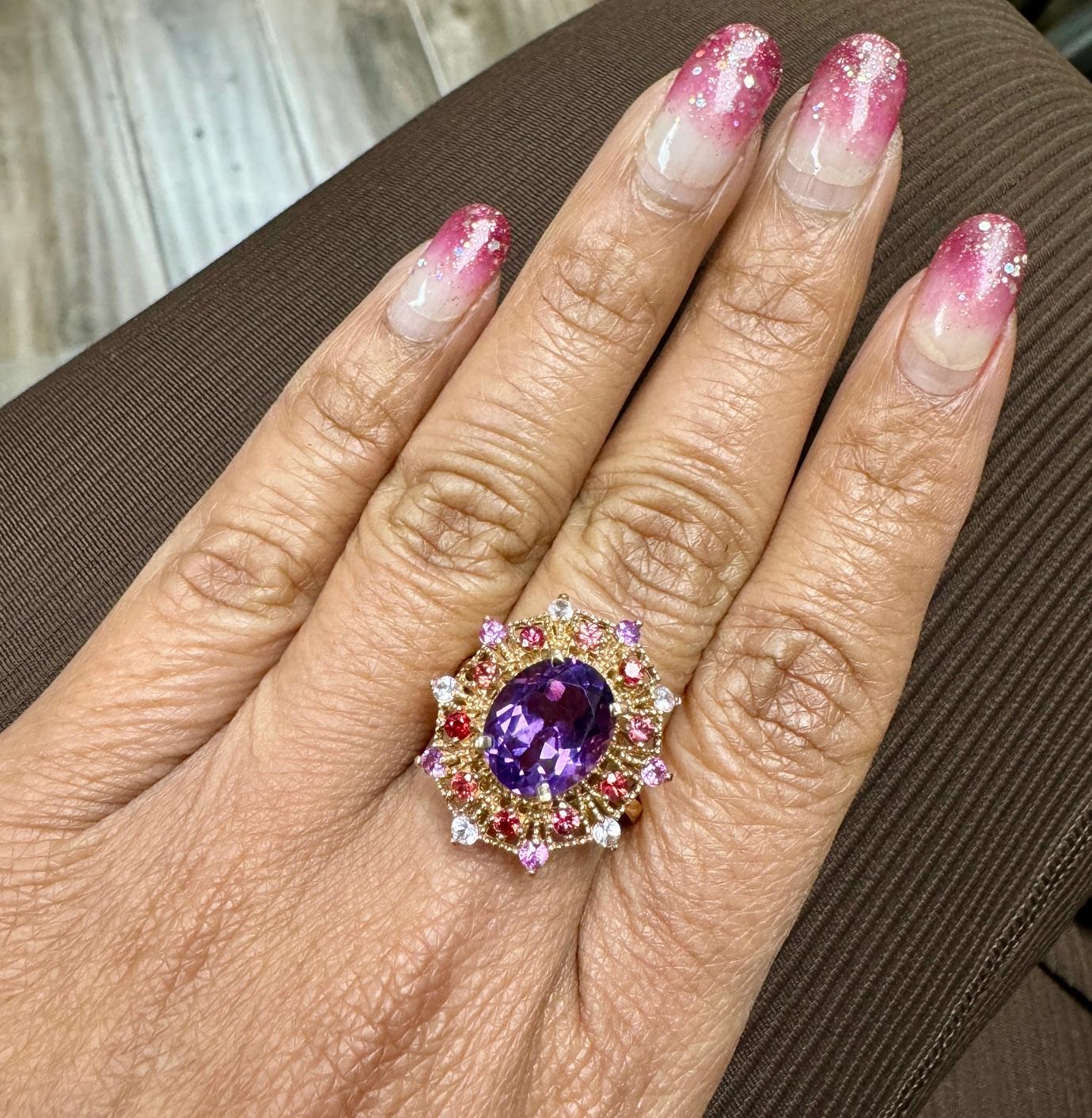 4.25 Carat Oval Cut Amethyst Sapphire Rose Gold Cocktail Ring For Sale 3