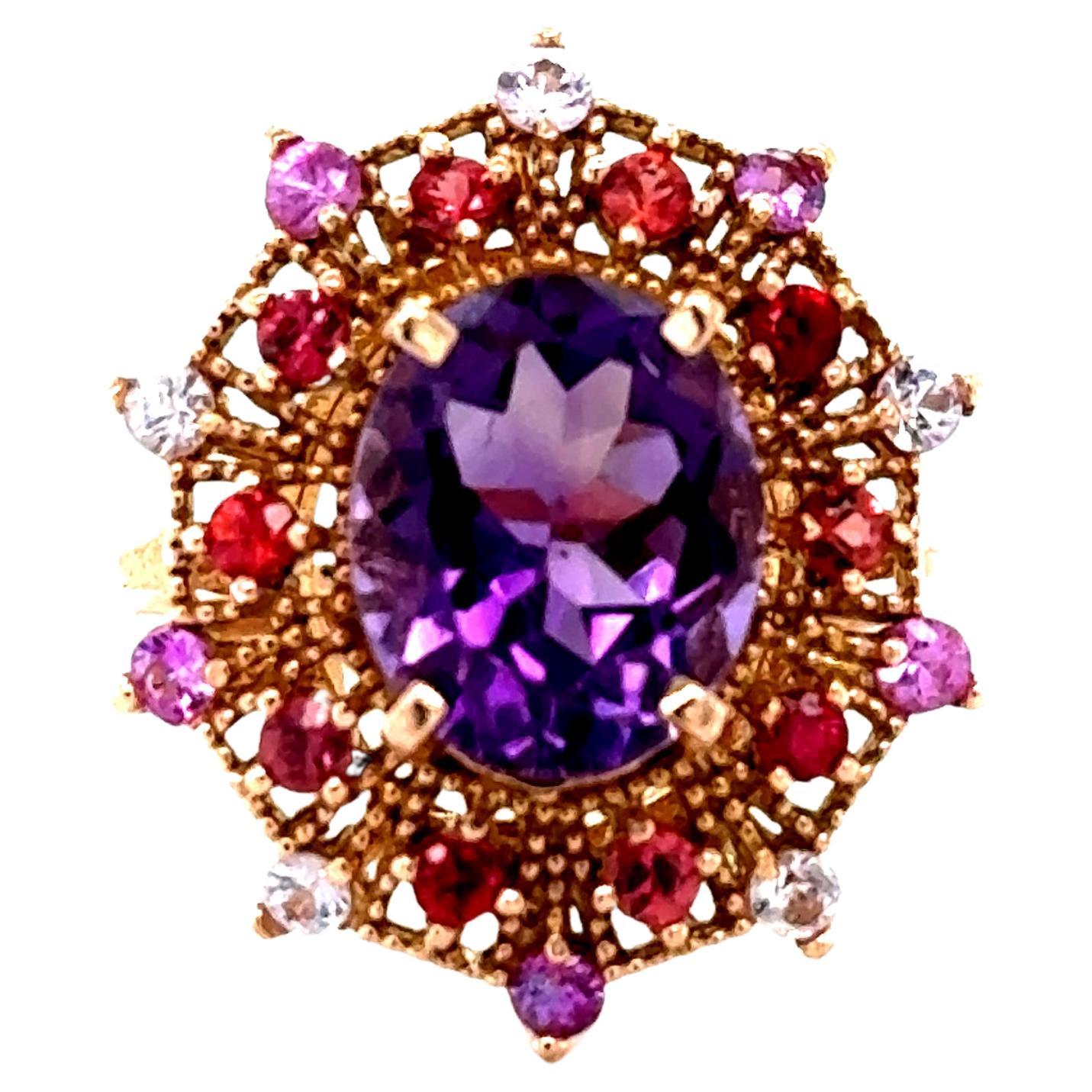 4.25 Carat Oval Cut Amethyst Sapphire Rose Gold Cocktail Ring For Sale