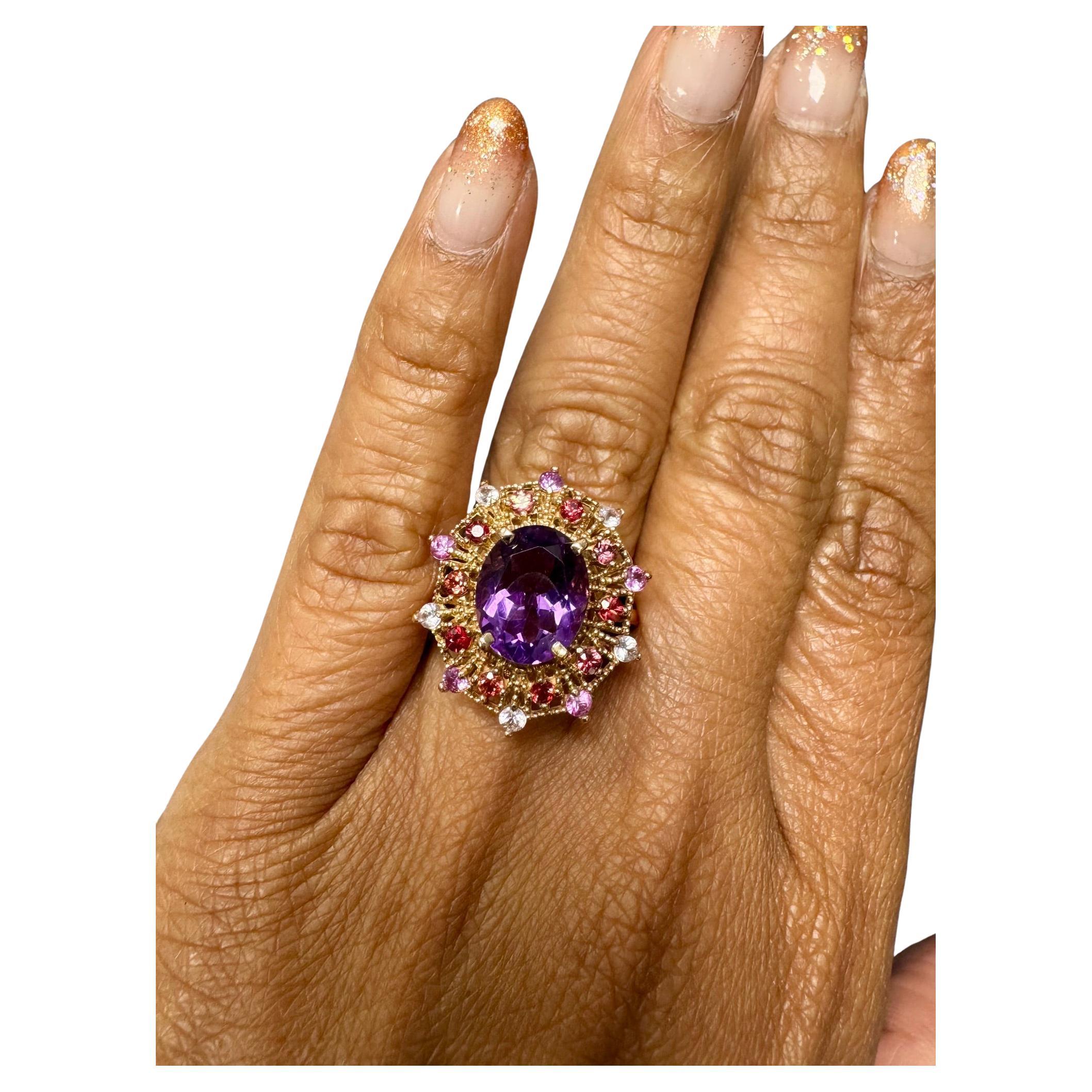 Bague de cocktail en or rose 4,25 carats, améthyste saphir, coupe ovale