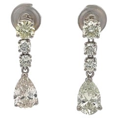 4.25 Carat Pear Shape and Round Brilliant J SI Diamond Platinum Drop Earrings