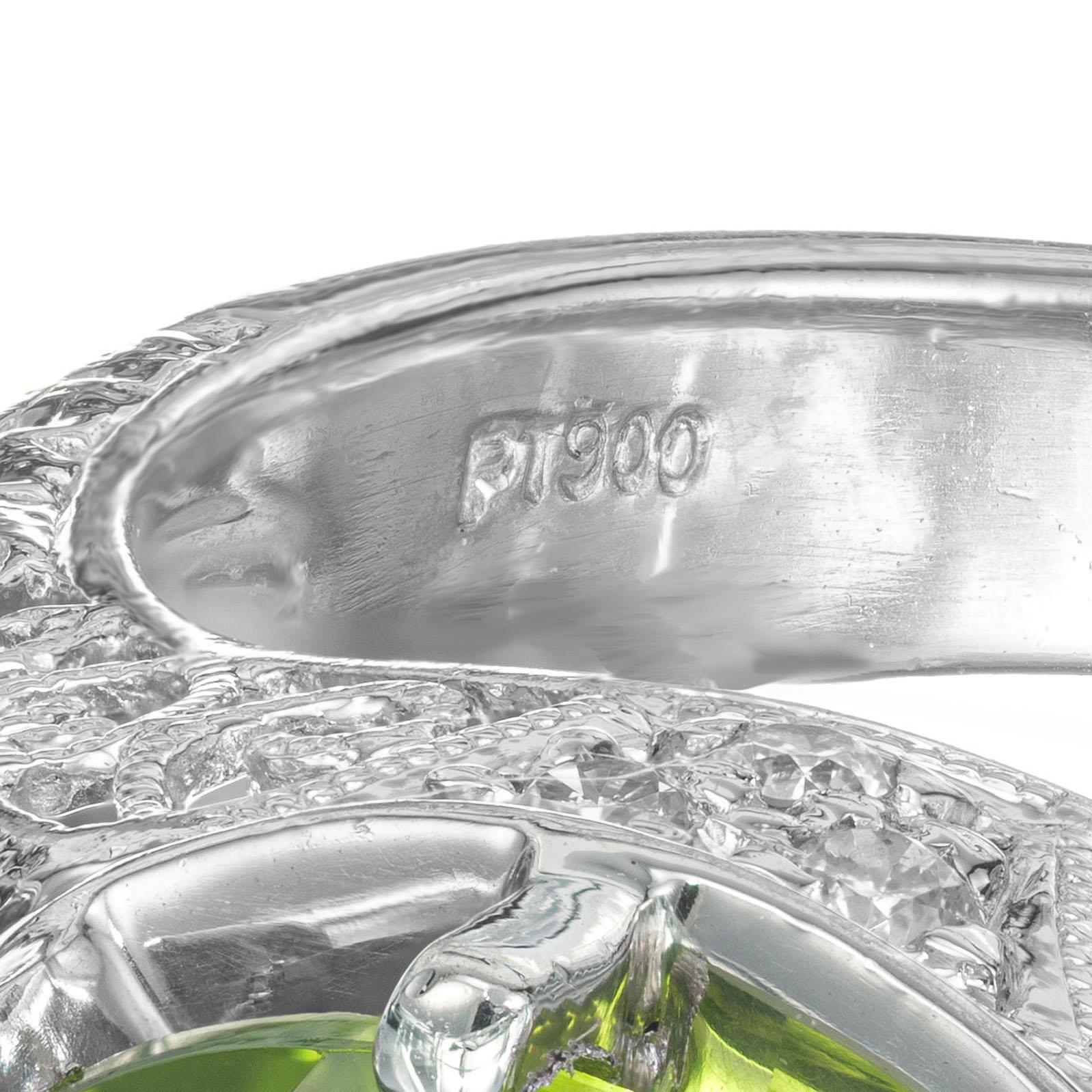 Old European Cut 4.25 Carat Peridot Diamond Platinum Filigree Engagement Ring For Sale