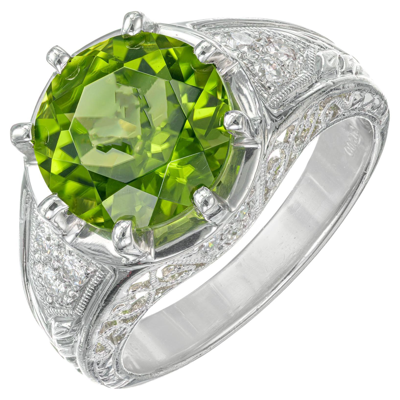 4.25 Carat Peridot Diamond Platinum Filigree Engagement Ring For Sale