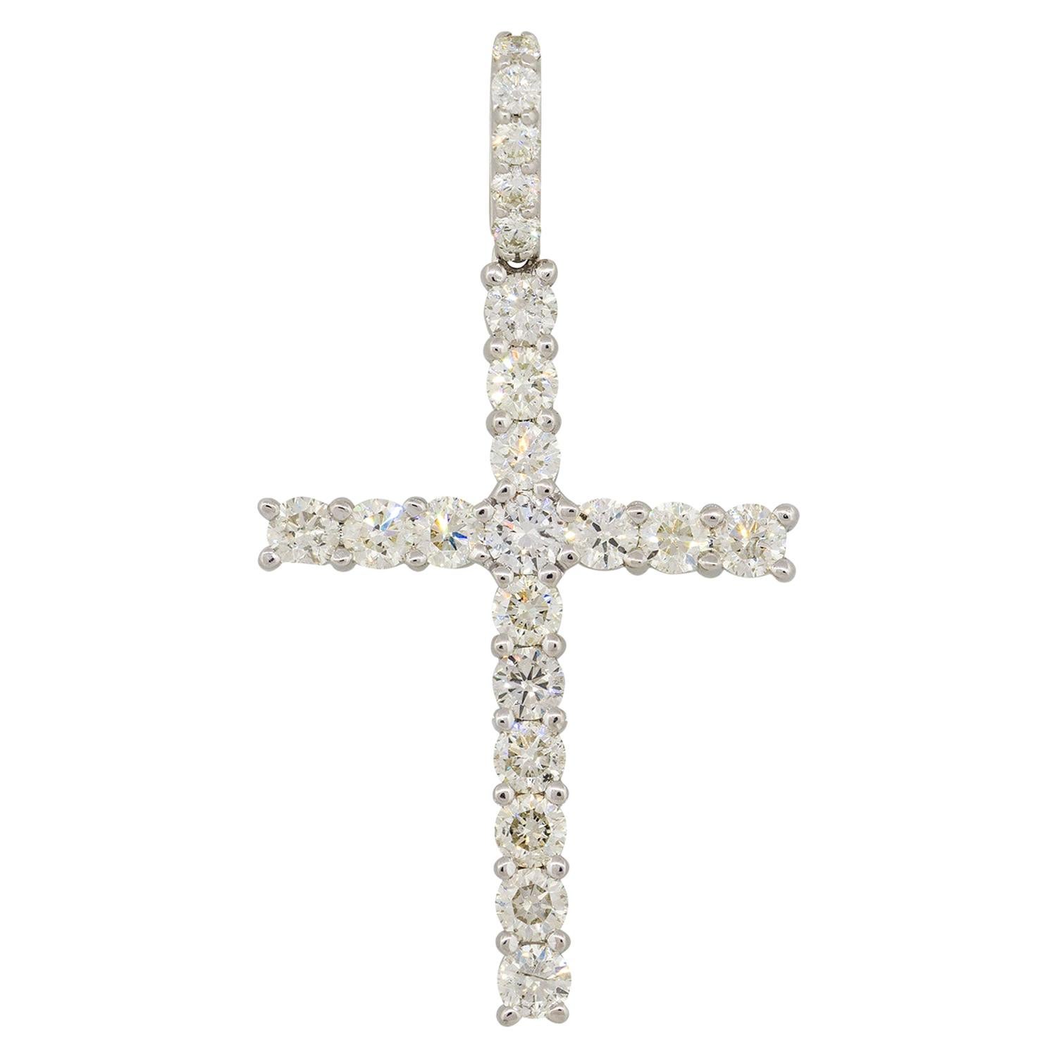 4.25 Carat Round Cut Diamond Pave Cross Pendant 14 Karat in Stock For Sale