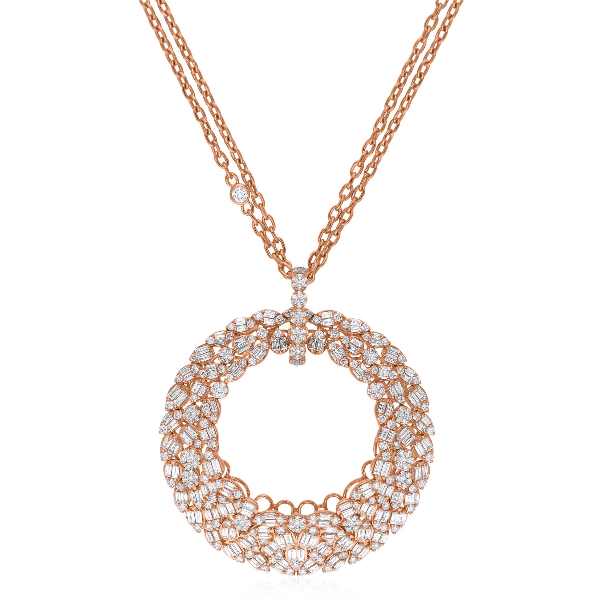 Elevate your elegance with our exquisite Natural 4.25 Carat Baguette & Round Diamond Pendant Necklace, a stunning embodiment of luxury and sophistication. Meticulously crafted from 18 karat white gold and adorned with a mesmerizing combination of