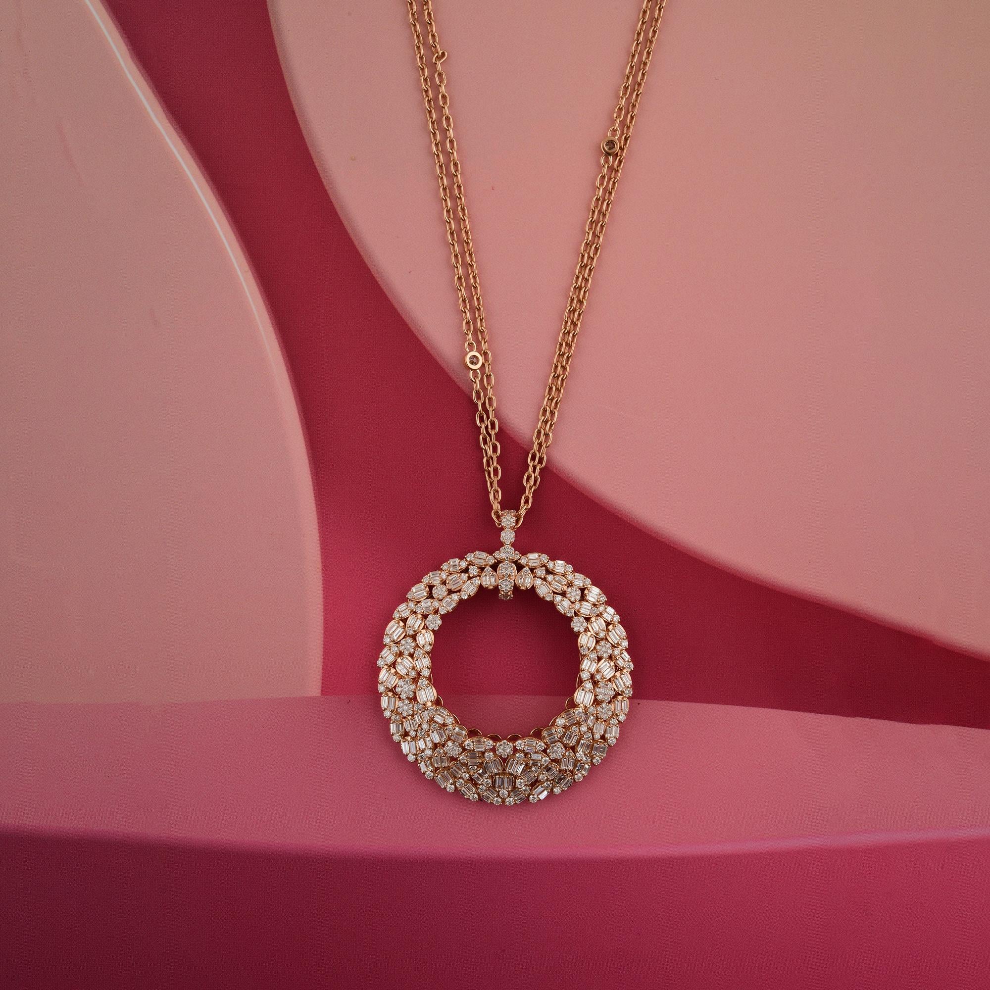 Baguette Cut 4.25 Carat SI/H Baguette & Round Diamond Pendant Necklace 14 Karat Rose Gold For Sale