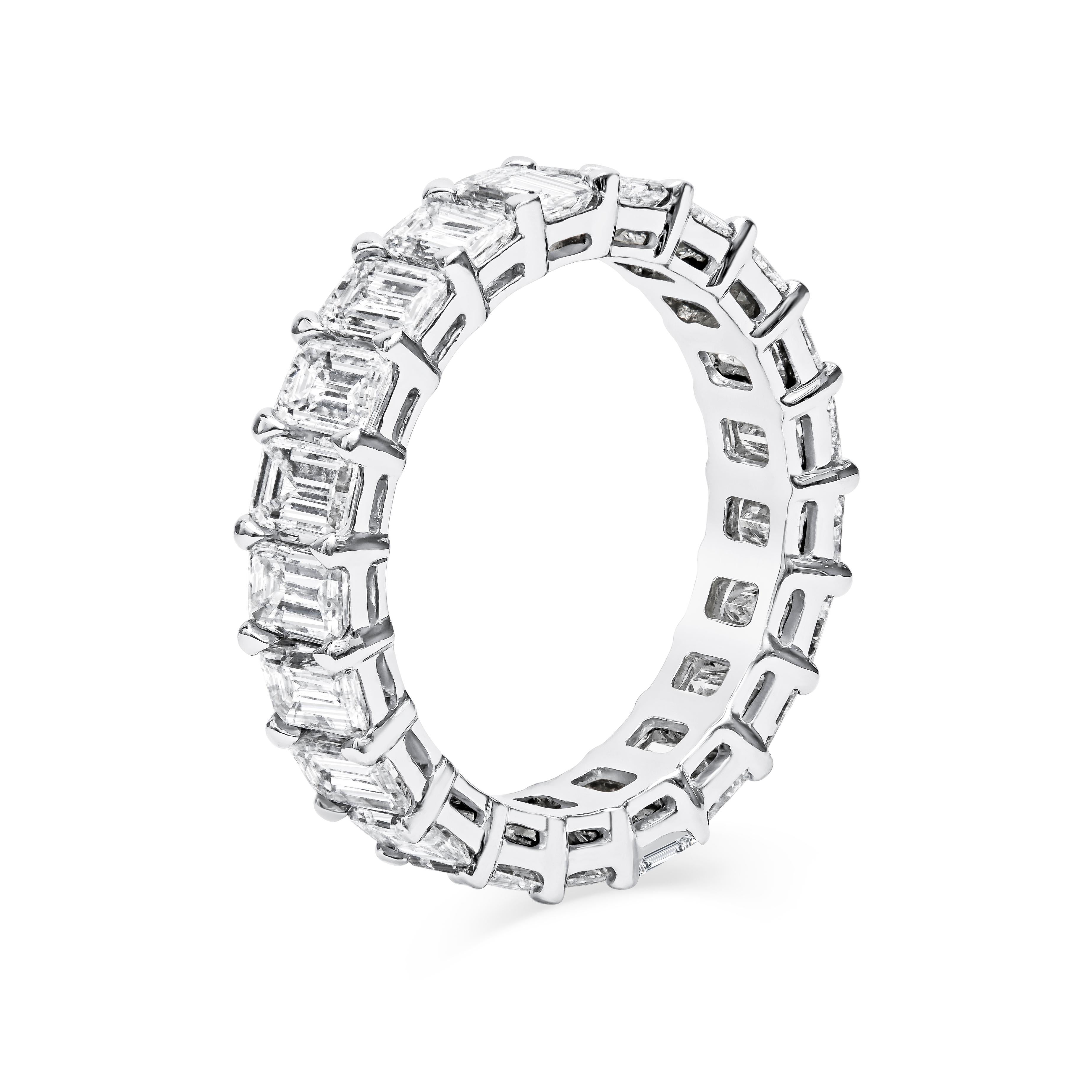 4.25 Carat total weight emerald cut diamond eternity band with natural diamonds of F-G color, VS1-VS2 clarity, meticulously set in an open basket, low profile setting, size 6. 