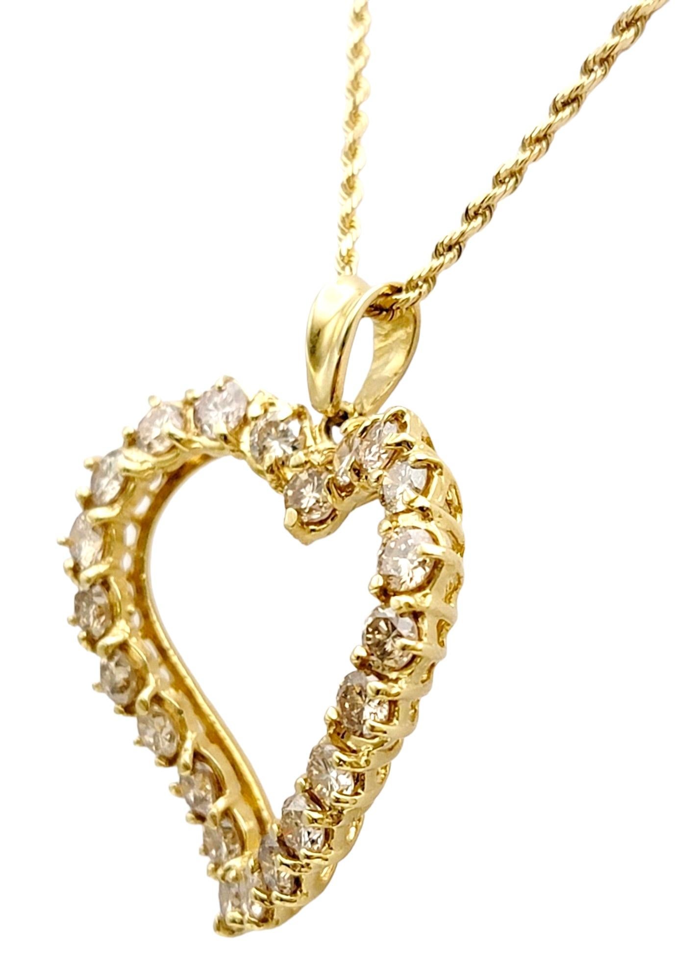 Round Cut 4.25 Carats Champagne Diamond Curved Open Heart Pendant in 14 Karat Yellow Gold