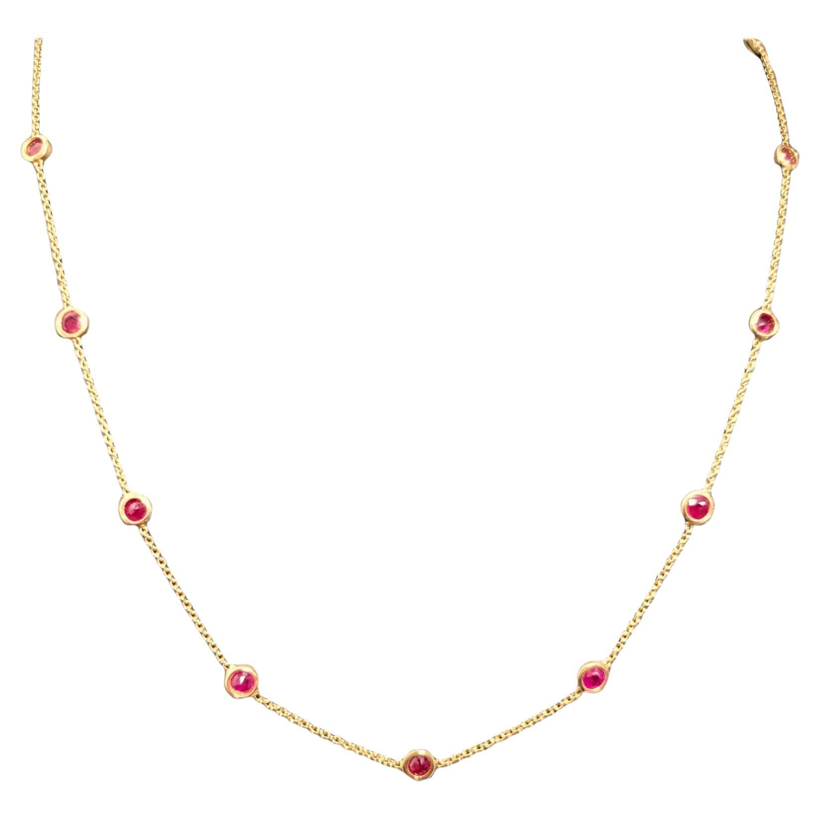 4.25 Carats Total Round Mixed Cut Ruby Station Necklace in 14 Karat Yellow Gold