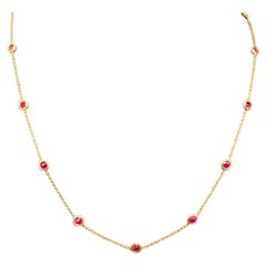 4.25 Carats Total Round Mixed Cut Ruby Station Necklace in 14 Karat Yellow Gold