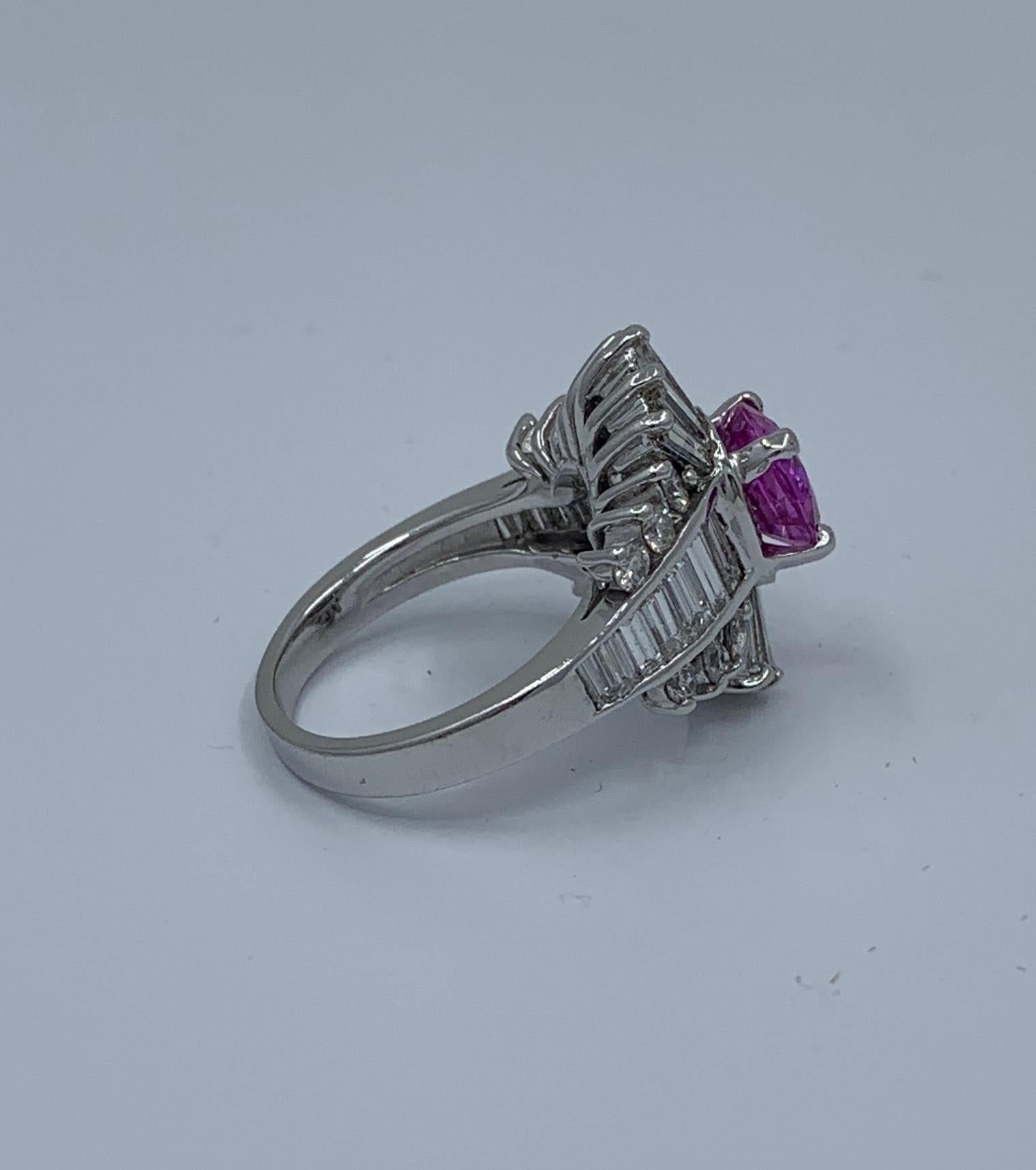 GIA Certified 4.35 Carat Vivid Pink Sapphire and Diamond Ballerina Cocktail Ring For Sale 4