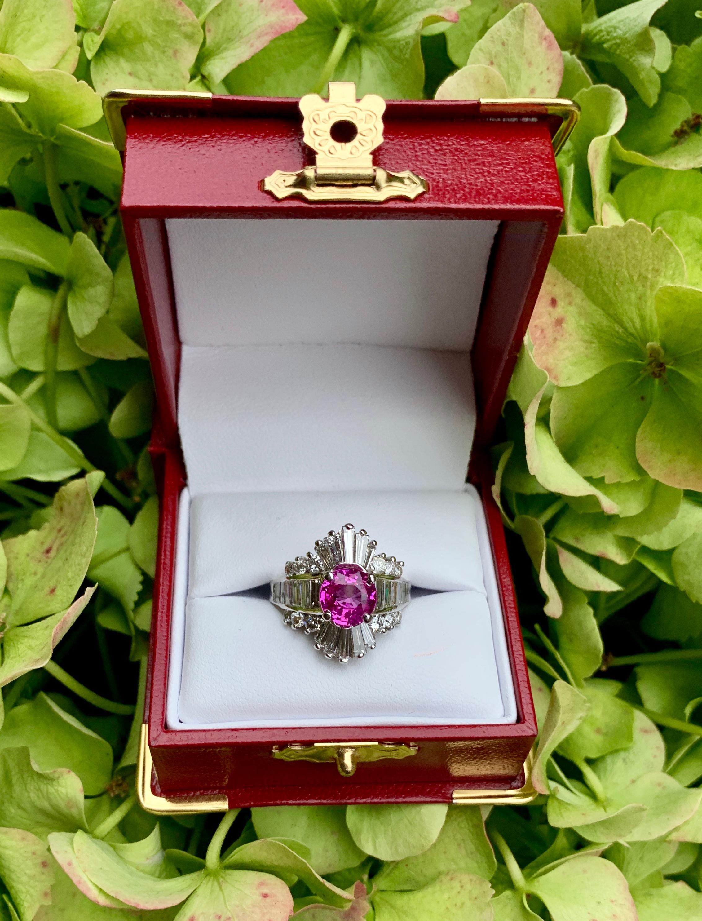 Romantic GIA Certified 4.35 Carat Vivid Pink Sapphire and Diamond Ballerina Cocktail Ring For Sale