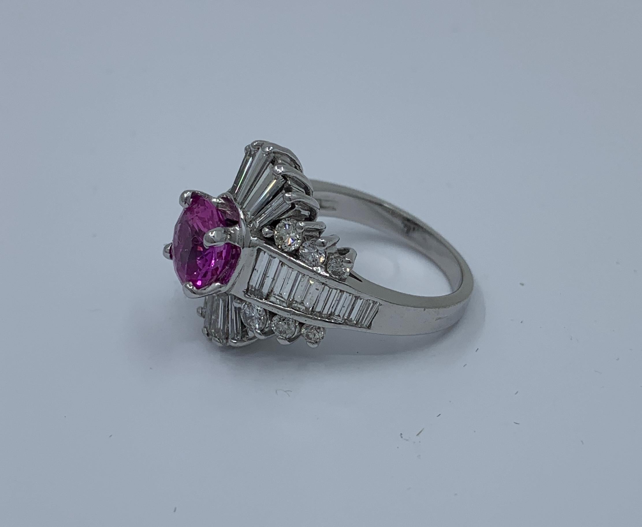 GIA Certified 4.35 Carat Vivid Pink Sapphire and Diamond Ballerina Cocktail Ring For Sale 1