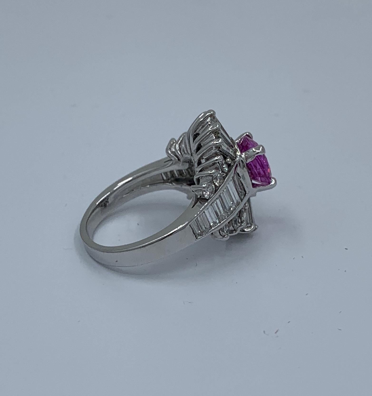 GIA Certified 4.35 Carat Vivid Pink Sapphire and Diamond Ballerina Cocktail Ring For Sale 3