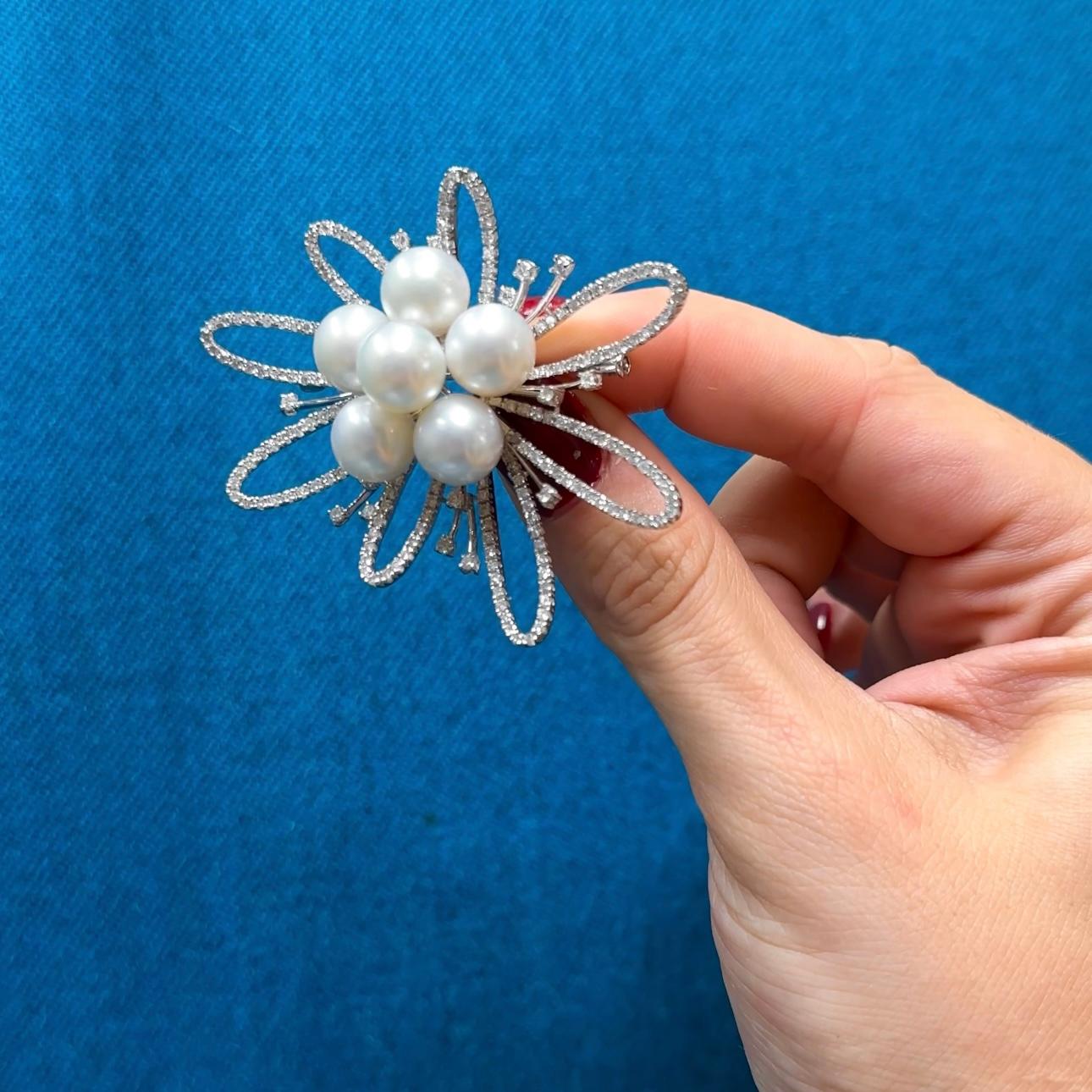 Brilliant Cut 4.25 CT Antique Pearl and Diamond Brooch For Sale