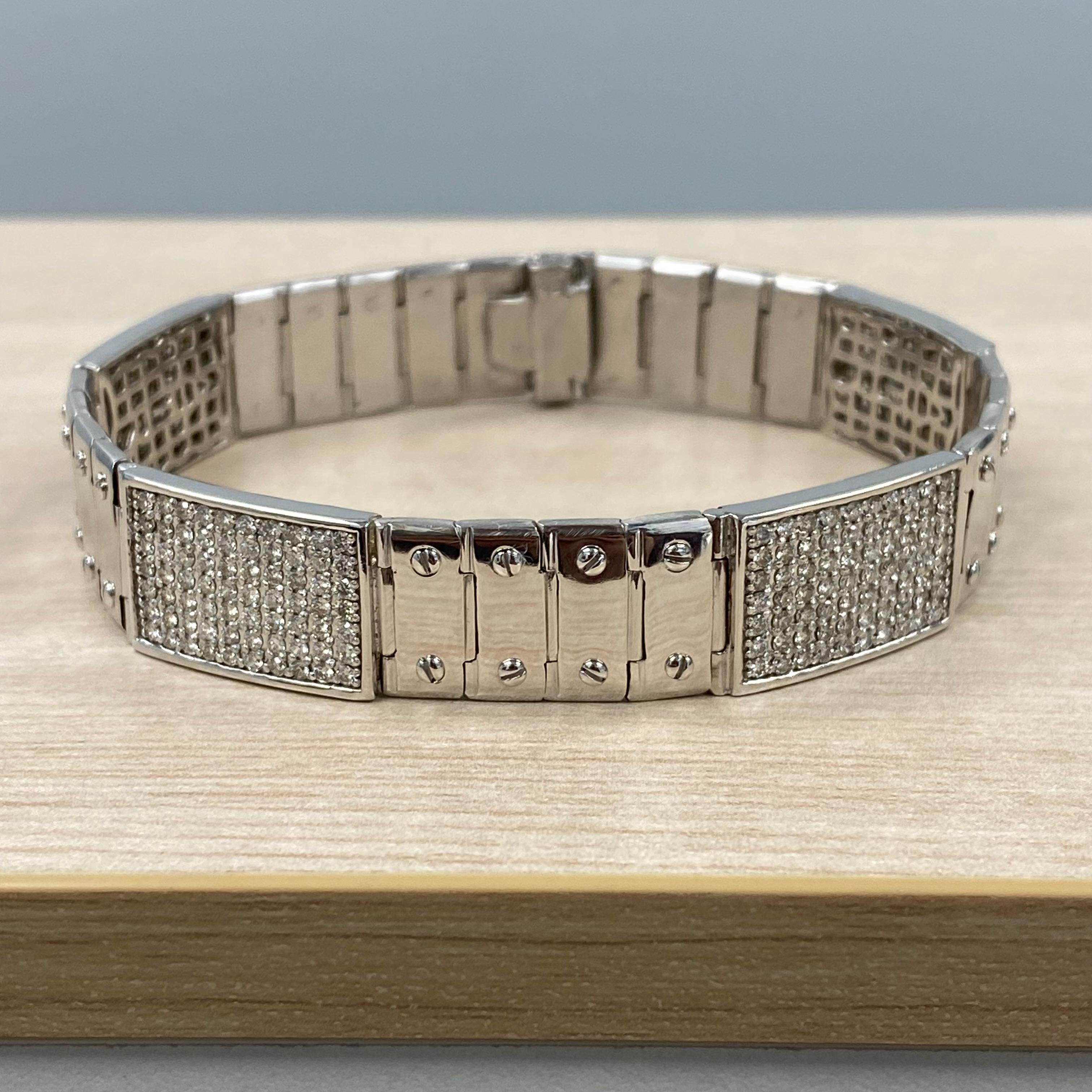 Taille ronde 4.25 Ct Diamond ID Bracelet homme à maillons vissés 14K or blanc massif 50.8 g en vente