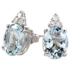 4.25 Carat Natural Aquamarine and Diamond 14 Karat Solid Gold Stud Earrings